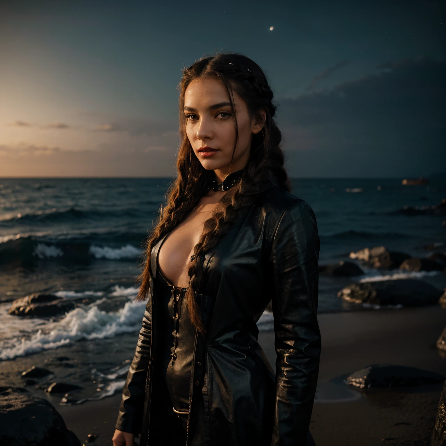 A beautiful girl of about 20, exotic beauty, long hair with elements of braids, red lips, in a black leather suit in the Gothic, steampunk style. A girl stands on a stone on the ocean shore, looks
into the distance, night, soft light from lanterns, neon tones, cinema, Highest quality, High detail, Hyperrealism, Cinematic quality, High detail,