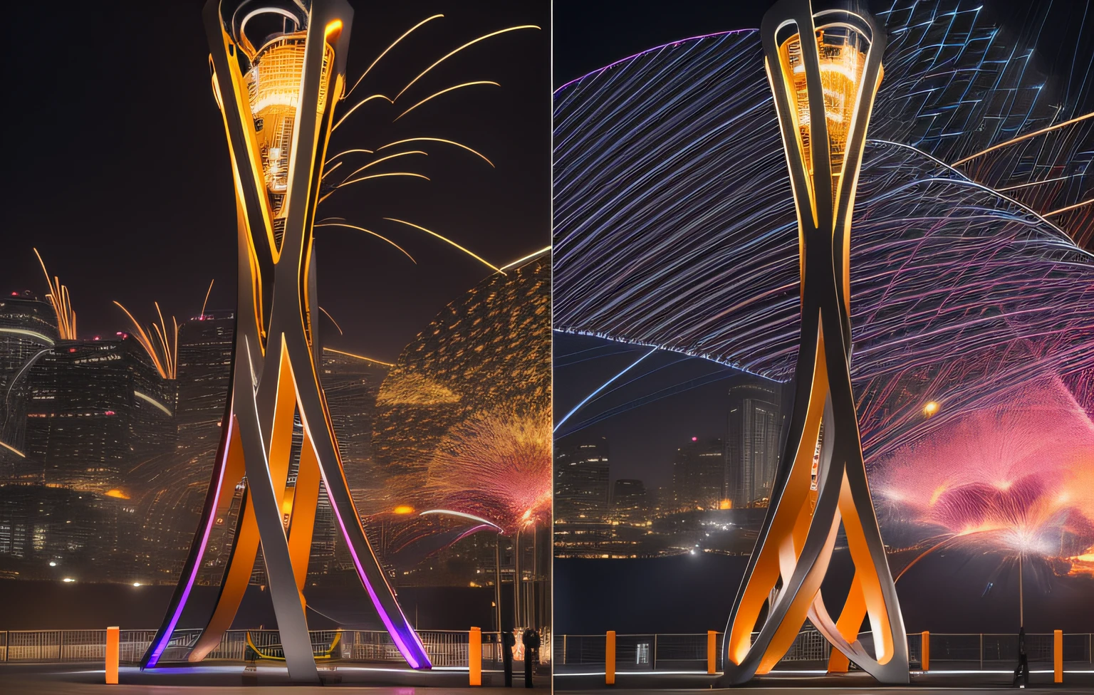 The main structure of the torch tower is three rotating and intertwined lines...,There is convergence、deactivate、twist、Special dynamic functions such as rising。This vibrant design vividly embodies life、A symbol of development and strength。It is the groundbreaking centerpiece of major sporting events,Big breasts, big breasts &cite;technologies+&cite;dynamics&cite;-Themed Torch Tower Form,Demonstrating innovative fusion of technology and dynamic movement