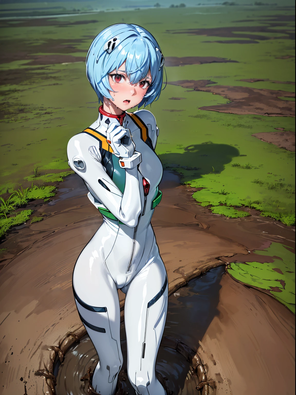 girl(Rei Ayanami {Neon Genesis Evangelion,}1.8), nffsw, VRay Shadering, nffsw, Realistic drawing, Realistic eyes, 8K, Realistic light, OpenGL-Shaders, Post-processing, (((White plug suit))), Cute, 1girl in, Solo, white-skinned pretty girl, (royal blue hair,Short hair:1.3), Small, lovely face, Cute face, Delicate arms, Delicate hand, slender legs and body, Short stature,(Solo, Cowboy Shot:1.6),(((Slender crotch:1.3))),(Slender thighs:1.3), (Ouch,  Covered in sweat, full blush, steaming body, agitation:1.5), (Open mouth, Fighting stance, Attack, is standing:1.6), one eye closed, (steam, Wet hair, in heat, Heavy breathing:1.3), (breathe out, Drooling, Torn costume:1.4), (blue-sky, Bottomless Swamp, dense woods, wet lands:1.7),(((Covered in muddy water, drown in the mire, I am submerged in muddy water from my knees down.....:1.8))), flying sweatdrops, sweat stain,