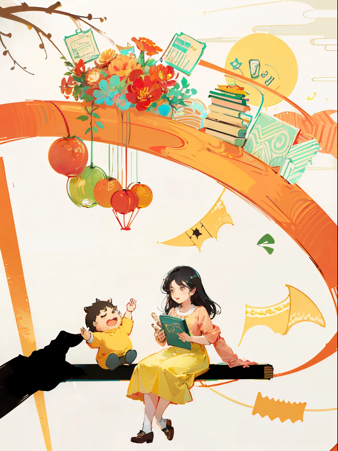 On the clock sit a woman and a child, book illustration, A beautiful artistic illustration,flatillustration, Colorful illustration, exciting illustration, Animated illustration style, Poster illustration, Simple and clean illustration, storybook illustrations, hand painted cartoon art style,