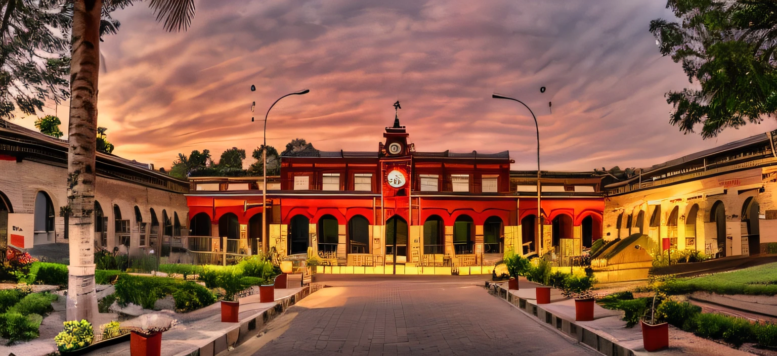 there is a large building with a clock on the top of it, police station, front view, train station, historical setting, prison complex, university, from the front, a middle-shot from front, front side, front facing, very sad, front face, building facing, museum, front-view, preserved historical, facing front, red building, research complex