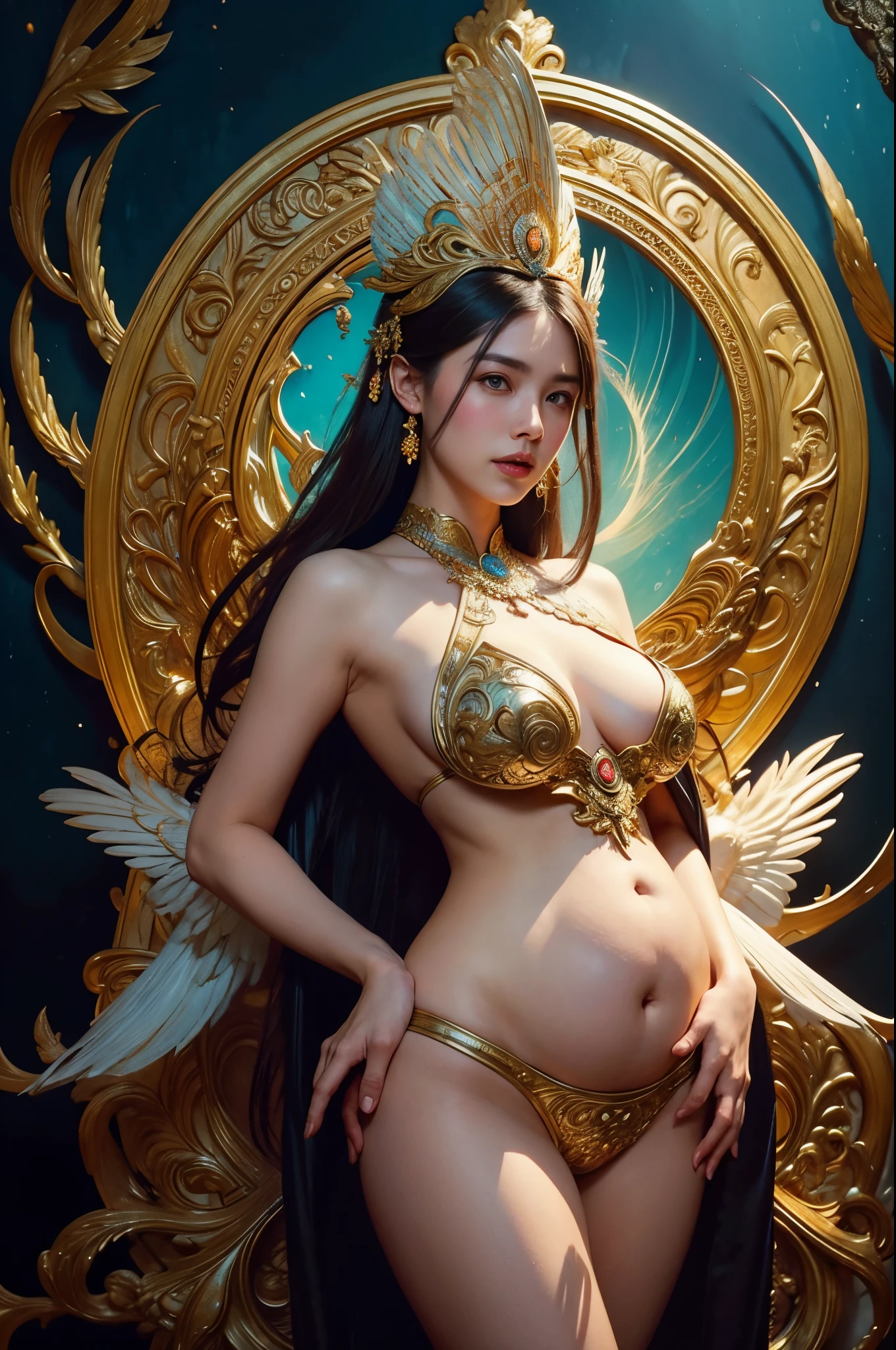 phoenix goddess、beautiful wings、beautiful tail feathers、fullnude、Japan Beauty、Chinese Goddess、incarnation of the swan、Big belly、Pregnant Woman、egg to be fertilized、beautiful hindu god vinayak、fantasy characture portrait, A hyper-realistic, Intricate details, Artifacts of the fifth element, peter morbach(peter mohrbacher)RAWExtremely detailed, Hisayama Zhao, Wayne Barlowe, Boris Vallejo, Aaron Hokey, by gaston bussiere, Craig Mullins Alphonse Mucha,