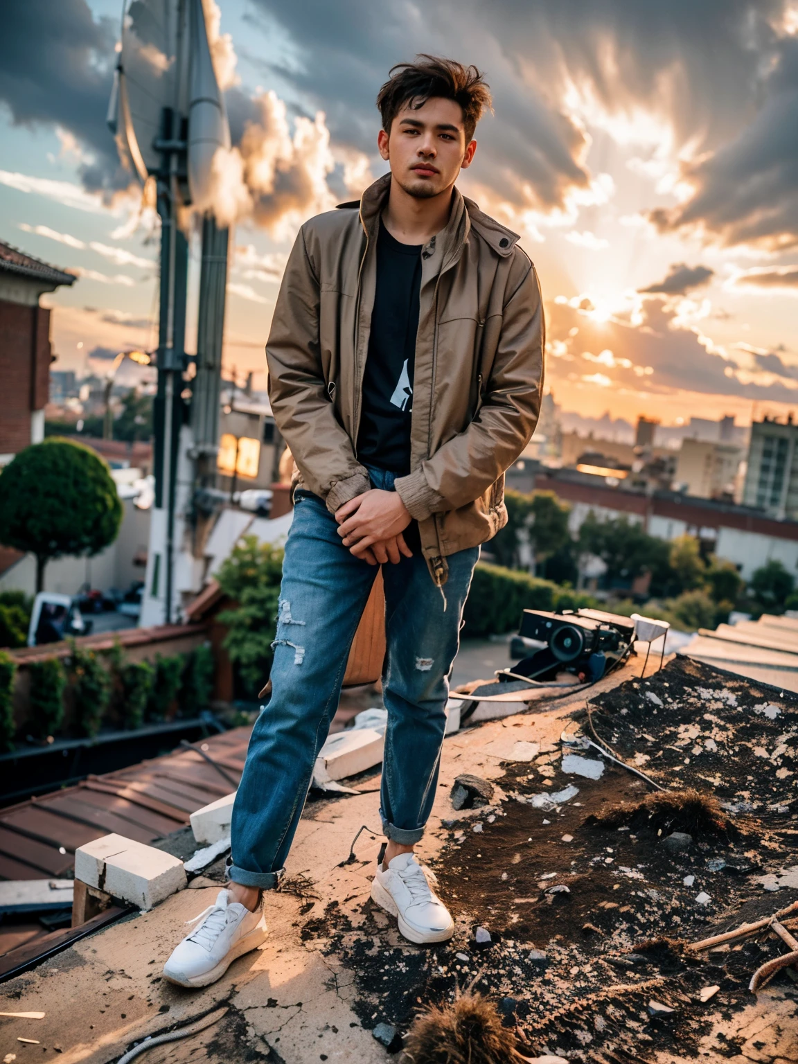 arafed man standing on a roof with a brick wall, full body picture, with a cool pose, standing on rooftop, full body photogenic shot, very artistic pose, casual pose, standing on a rooftop, on rooftop, with accurate face, cool pose, full body portrait shot, around 1 9 years old, riyahd cassiem, full body in camera