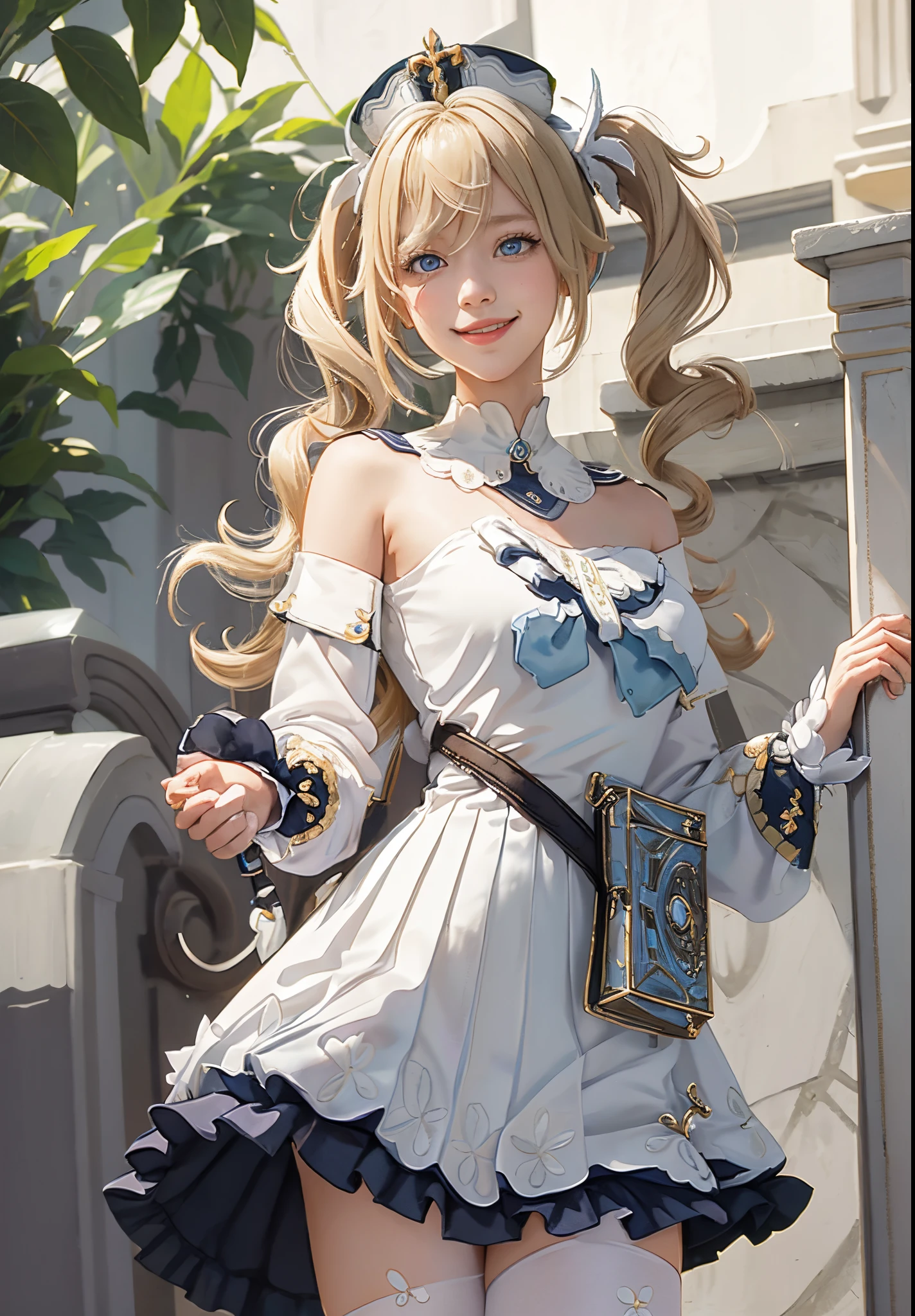 masutepiece, Best Quality,  1girl in,Smile,, hat,Latin Cross,Blonde hair, Long hair,Twin-tailed,twin drills, Blue eyes,Bow,White Dress,frills skirt,Detached sleeves, Dress Cloth,White pantyhose,Boken,Belt bag,Fountain background,