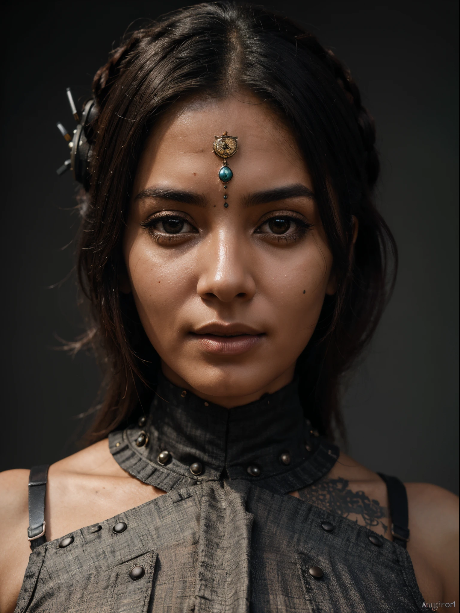 The face of a beautiful Iborg woman of the North Indian type in the style of steampunk, cyberpunk, close-up in the center of the sheet, without going beyond the edges, on a clean dark gray background, highest quality, high detail, hyperrealism, hyperrealistic photo, cinematic quality, high detail, RAW