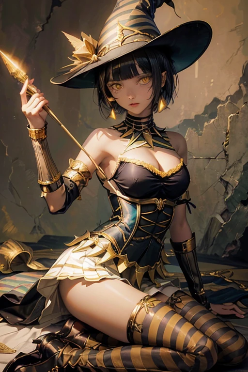 witch, short hair, thighhighs, hat, dress, cleavage, bare shoulders, yellow eyes, boots, striped, puffy sleeves, witch hat, corset, striped thighhighs, halloween
(egyptian, medium hair,bob cut, gorget, armlet, tiara, blunt bangs, gold, white skirt, dark skin:1.2)