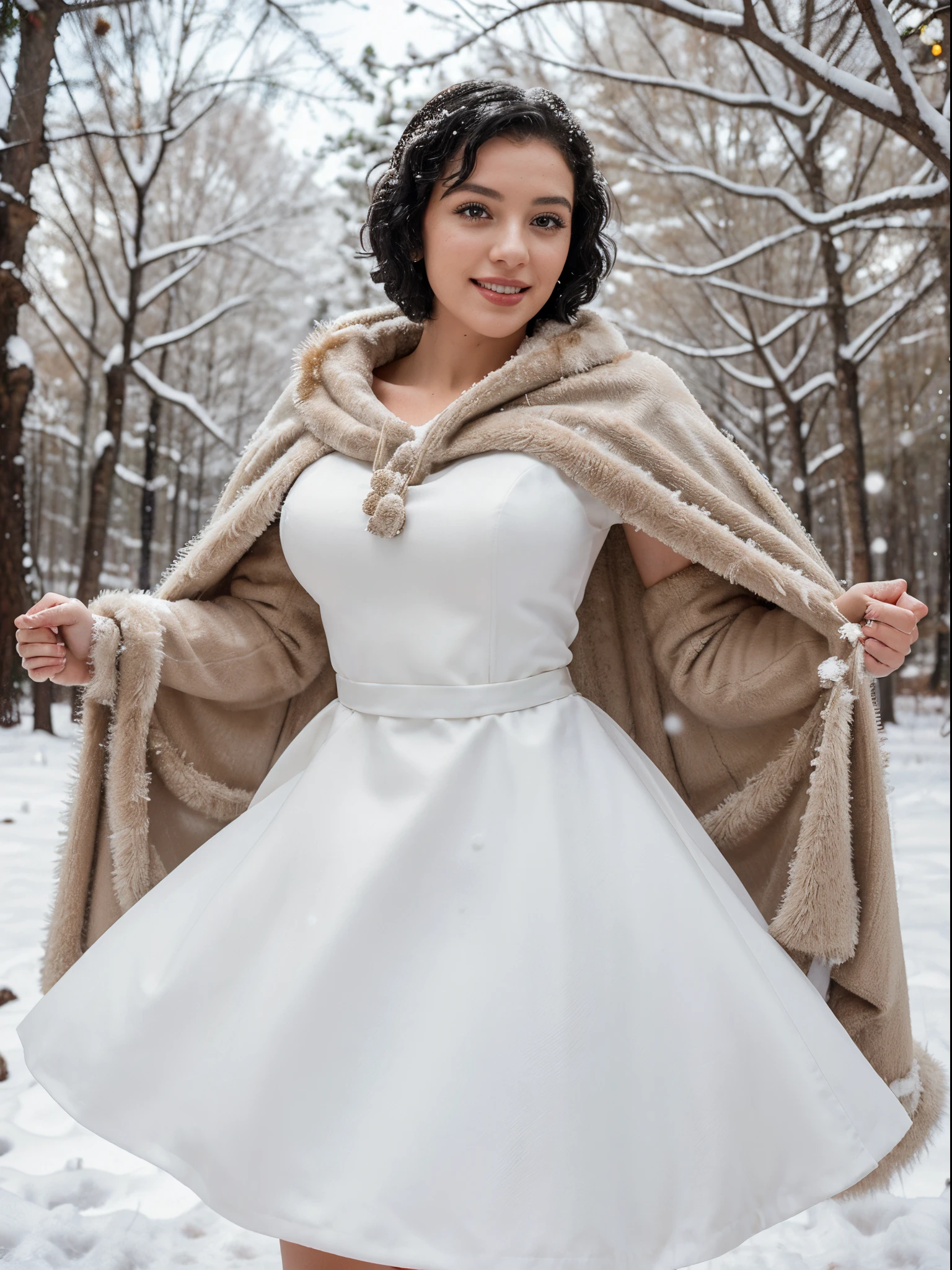 A beautiful girl, similar to Marilyn Monroe, with black curly short hair, in a wedding dress with a fur cape, a slight smile on her face. dancing in the snow against the backdrop of a snowy forest, sunny weather, snowing, Christmas atmosphere, holiday atmosphere, cinematography, highest quality, high detail