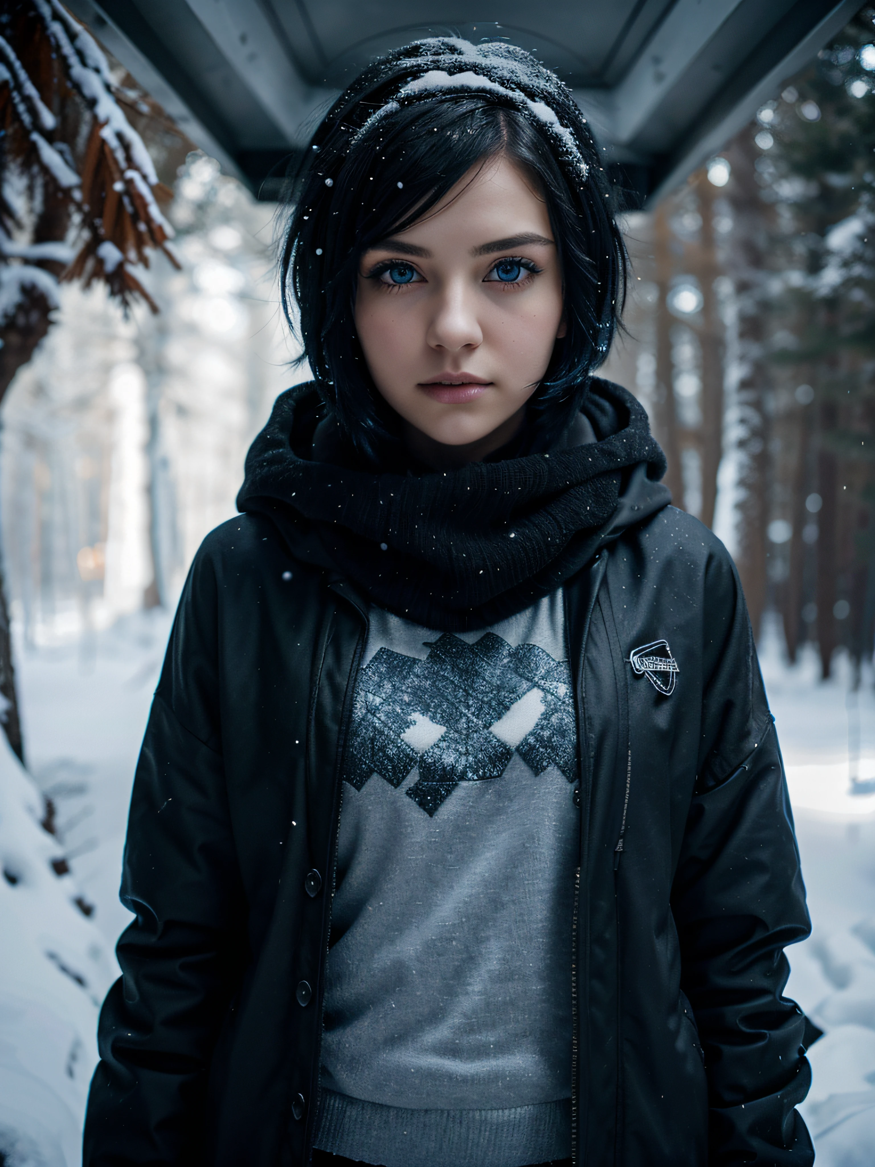 Very beautiful teenage girl, black short hair, big blue eyes, dressed lightly, but winter clothes in emo style, gotik, Cyberpunk style, against the backdrop of a snow-covered forest, Sunny weather, snowing, Cinematography, Highest Quality, high detail