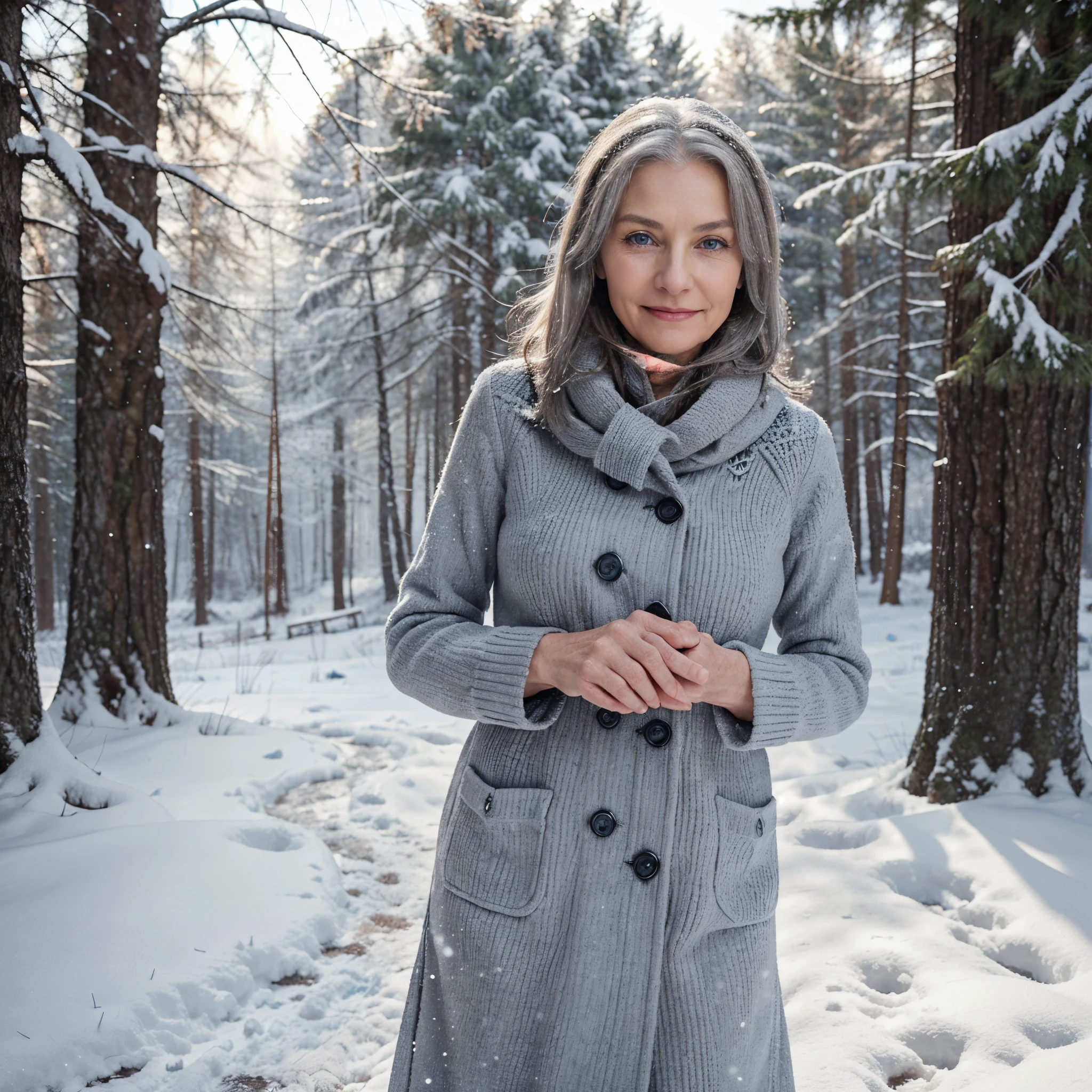 A very beautiful woman about 70 years old, slender with a good figure, medium-length gray hair, large blue eyes, a slight smile on her face, standing against the backdrop of a snowy forest in light but winter clothes, catching falling snowflakes with her hands, sunny weather, snowing, cinematography, highest quality, high detail