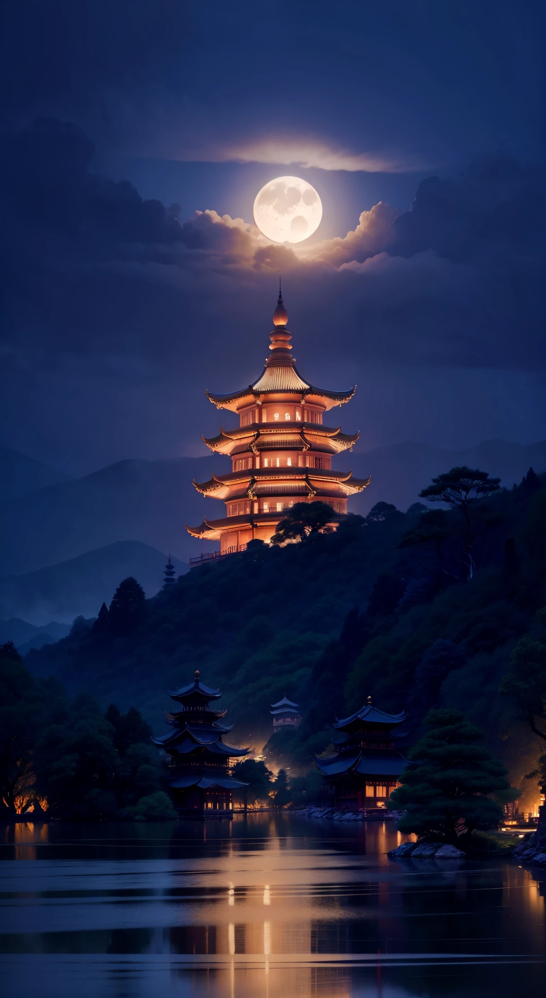 arafed view of a pagoda with a full moon in the sky, ancient chinese architecture, hangzhou, ancien chinese tower, by Wu Zhen, ancient silver tower of the moon, by Zhu Da, pagoda, by Ju Lian, chinese architecture, hou china, painted tower of the moon, chinese building, by Liu Haisu, by Xia Yong