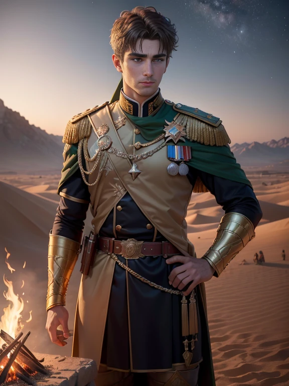 (best quality,4k,8k,highres,masterpiece:1.2),ultra-detailed,realistic:1.37,Constantine the Great's youth,armed in Roman Empire uniform,Eastern Roman Empire border,battle with Persia,magnificent desert backdrop,Roman Empire military camp,evening sky full of stars,campfire,torch,outdoor