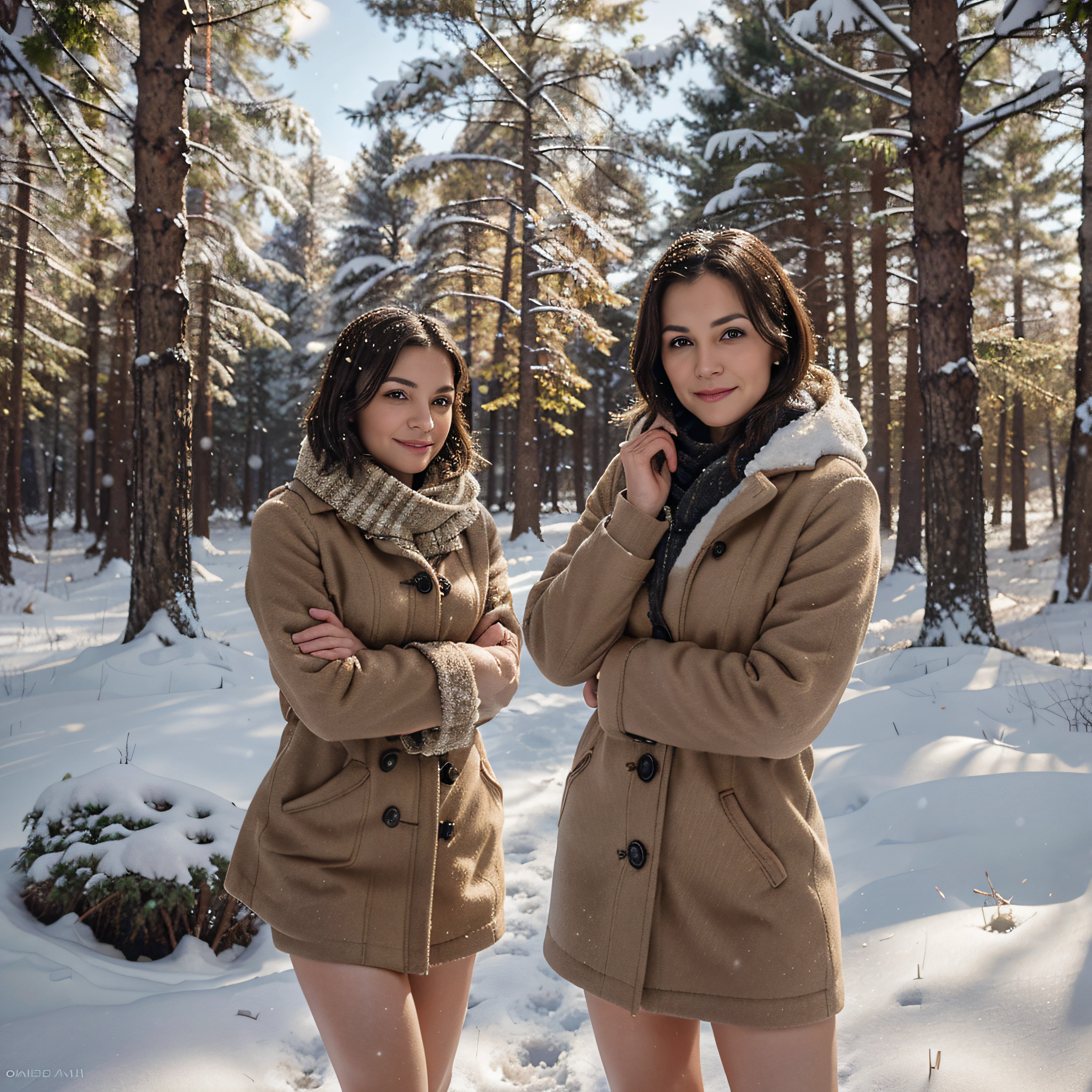 Very beautiful middle aged woman., slim with good figure, dark short hair, big brown eyes, A slight smile on his face, standing against the backdrop of a snow-covered forest in a light, but winter clothes, catching falling snowflakes with your hands, Sunny weather, snowing, Cinematography, Highest Quality , high detail