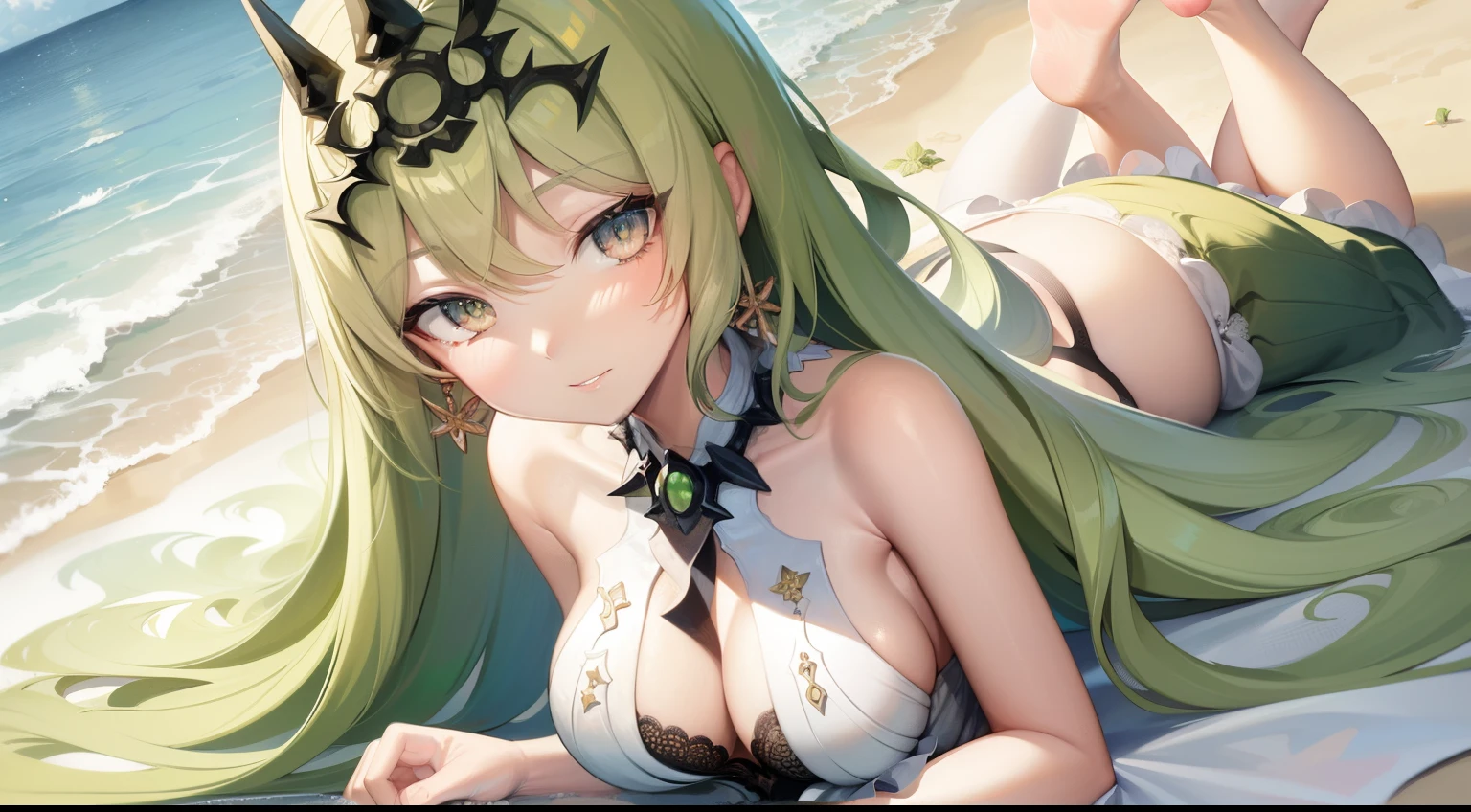 extremely detailed, HD, beautiful solo, 1girl, highres, green eyes, green hair, small breasts, looking at viewer, jewelry, crown, earring, lace, sundress, shawl, outdoor, beachside, laying down