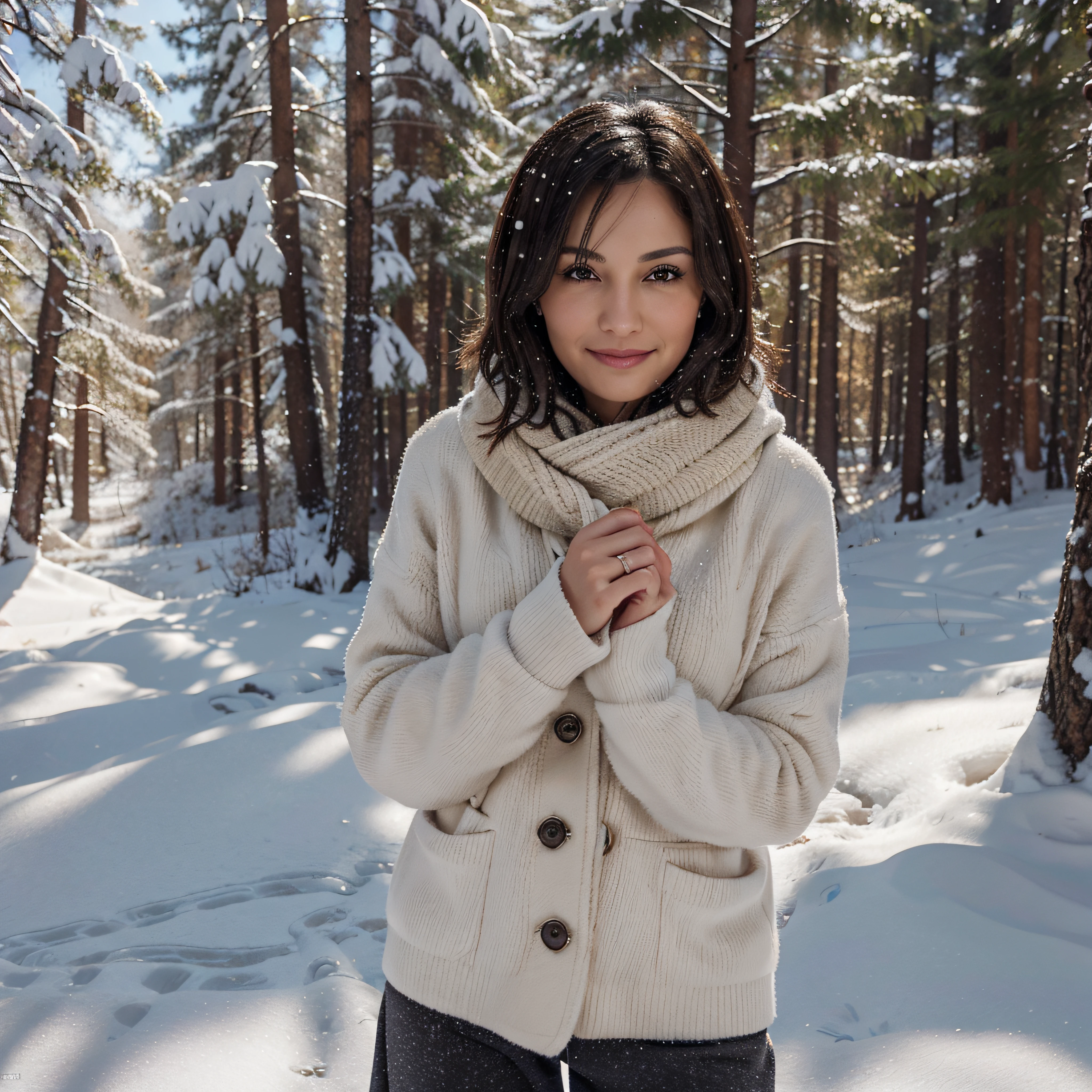 Very beautiful middle aged woman., slim with good figure, dark short hair, big brown eyes, A slight smile on his face, standing against the backdrop of a snow-covered forest in a light, but winter clothes, catching falling snowflakes with your hands, Sunny weather, snowing, Cinematography, Highest Quality , high detail