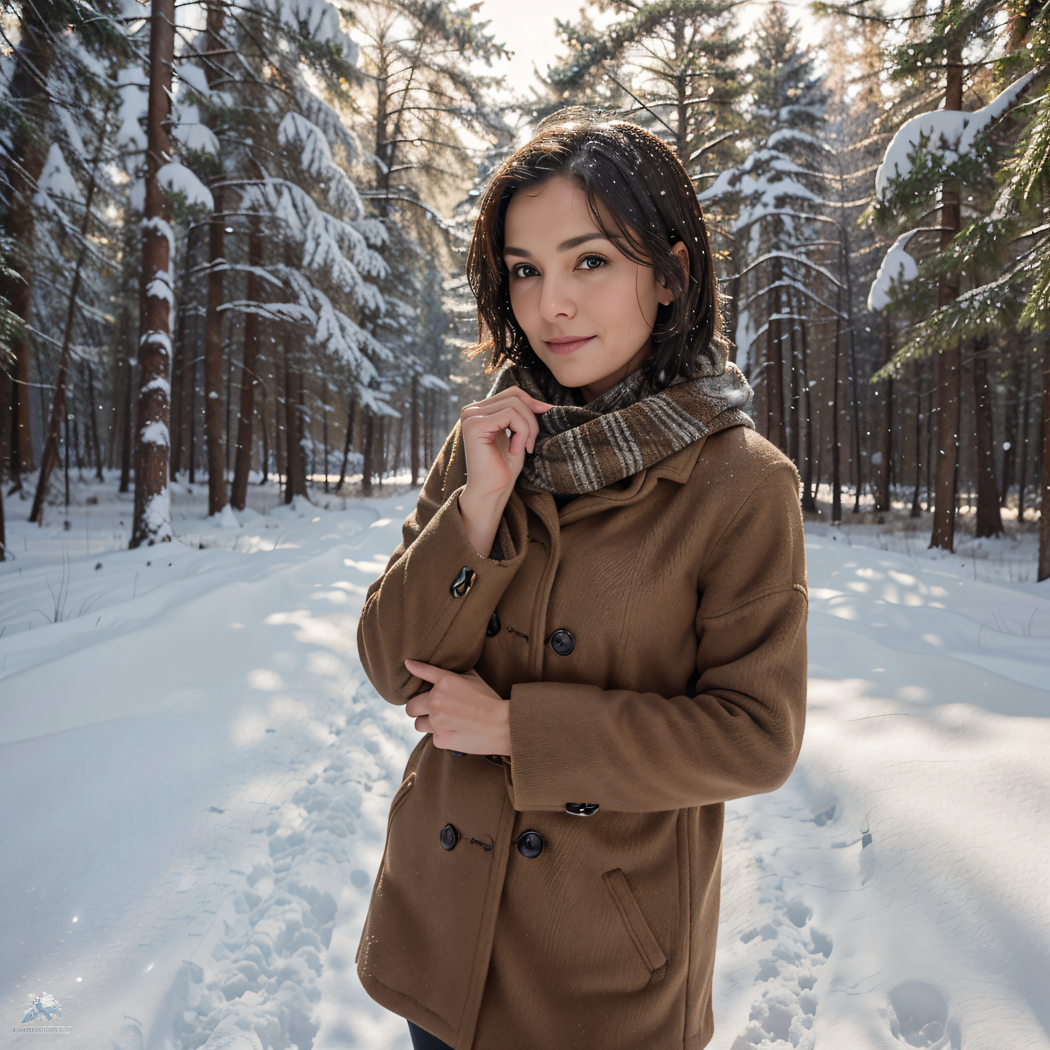 Very beautiful middle aged woman., slim with good figure, dark short hair, big brown eyes, A slight smile on his face, standing against the backdrop of a snow-covered forest in a light, but winter clothes, catching falling snowflakes with your hands, Sunny weather, snowing, Cinematography, Highest Quality , high detail