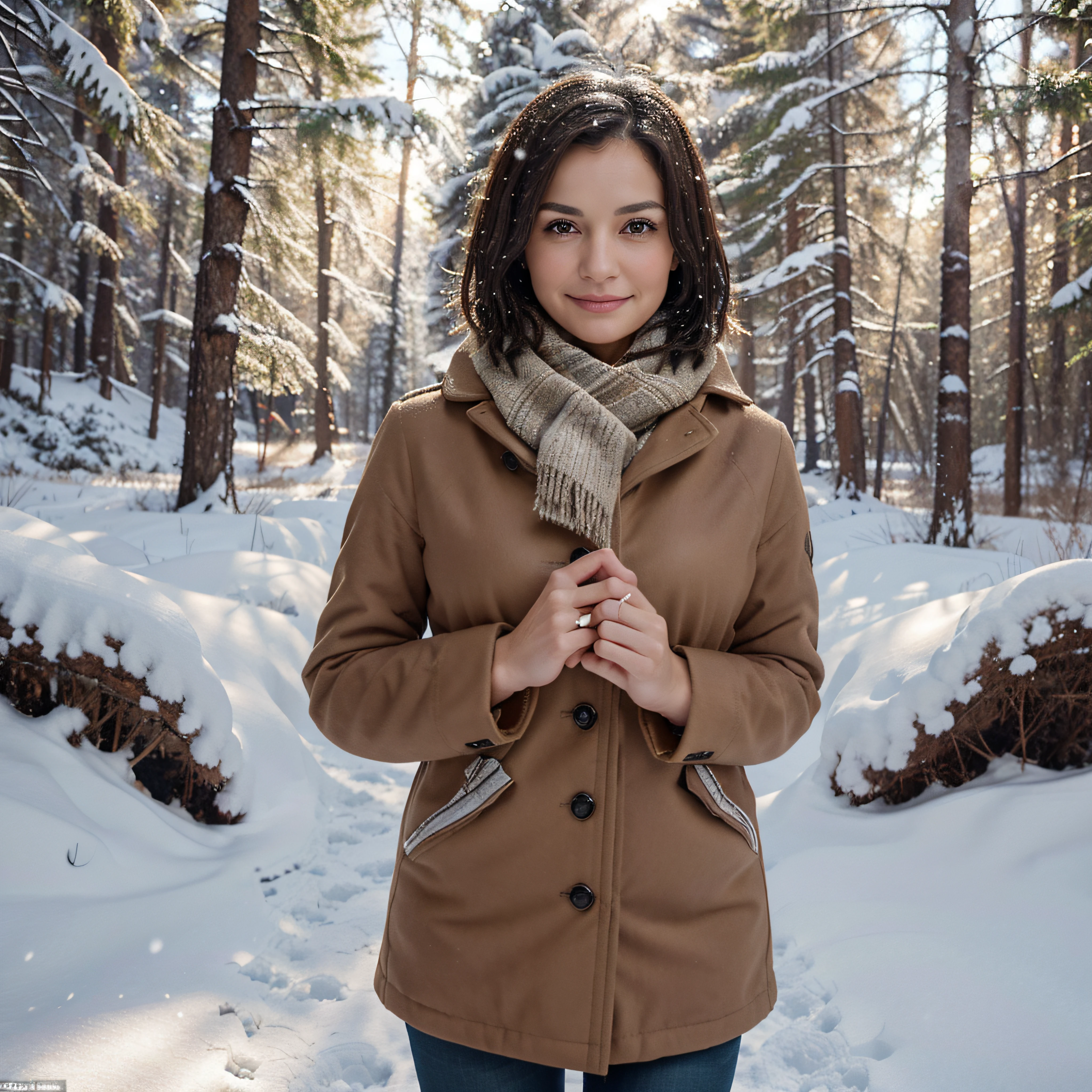 Very beautiful middle aged woman., slim with good figure, dark short hair, big brown eyes, A slight smile on his face, standing against the backdrop of a snow-covered forest in a light, but winter clothes, catching falling snowflakes with your hands, Sunny weather, snowing, Cinematography, Highest Quality , high detail