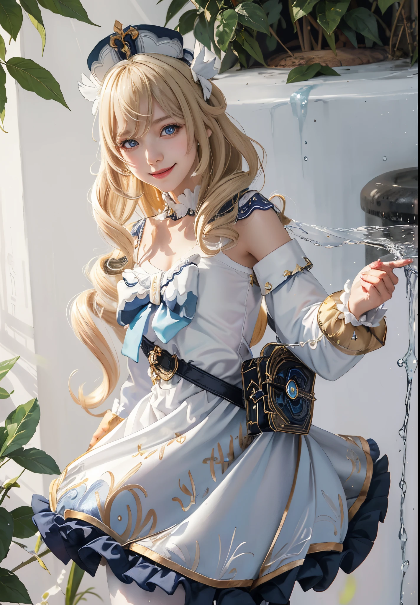 masutepiece, Best Quality, 1girl in,Smile,, hat,Latin Cross,Blonde hair, Long hair,Twin-tailed,twin drills, Blue eyes,Bow,White Dress,frills skirt,Detached sleeves, Dress Cloth,White pantyhose,Boken,Belt bag,Fountain in the background、sparkling water splash、