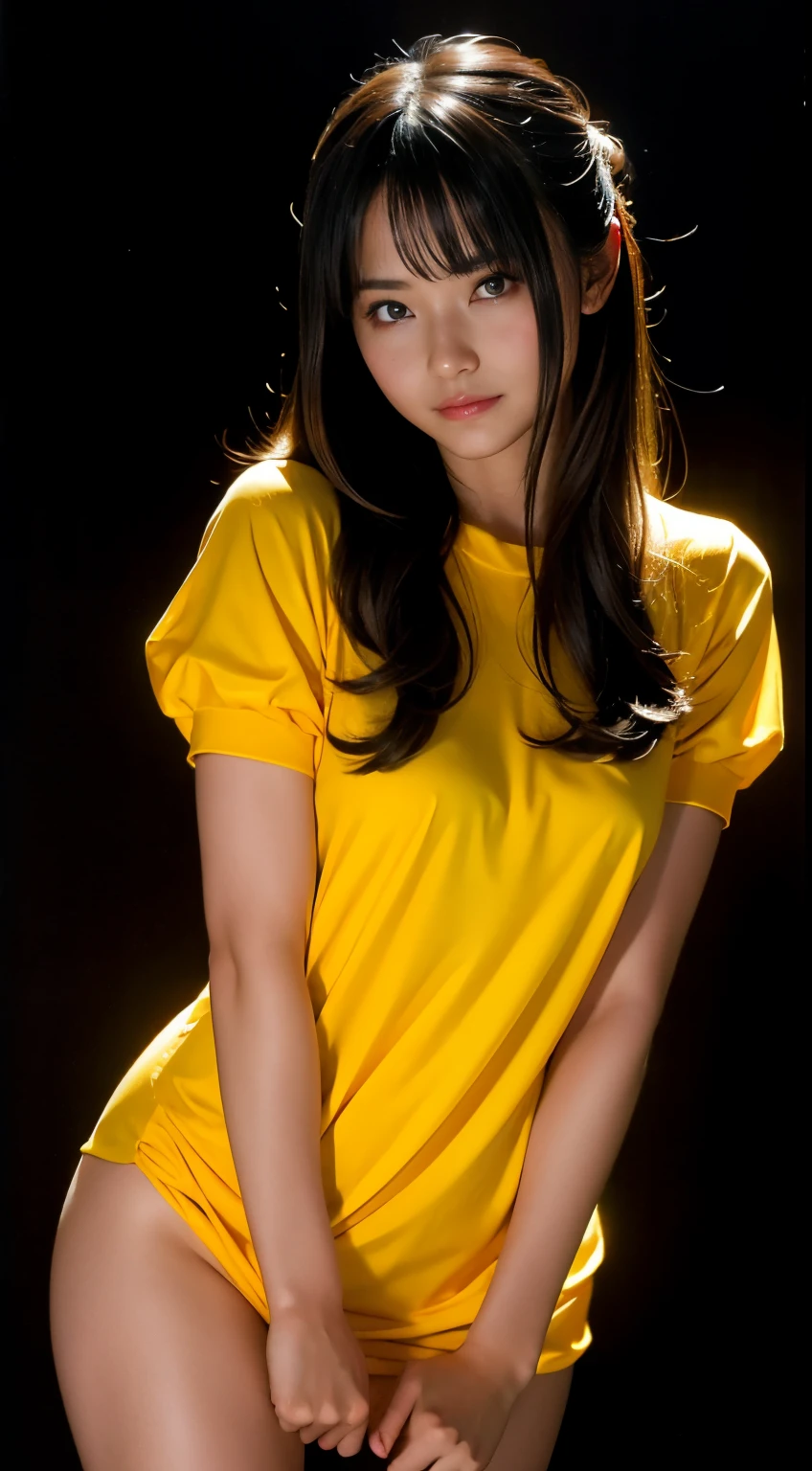 MKSKS style, 1girl in, Cute, NSFW, Surrounded by yellow lighting, Black background, cowboy  shot, No smile, masutepiece, ultra-detailliert