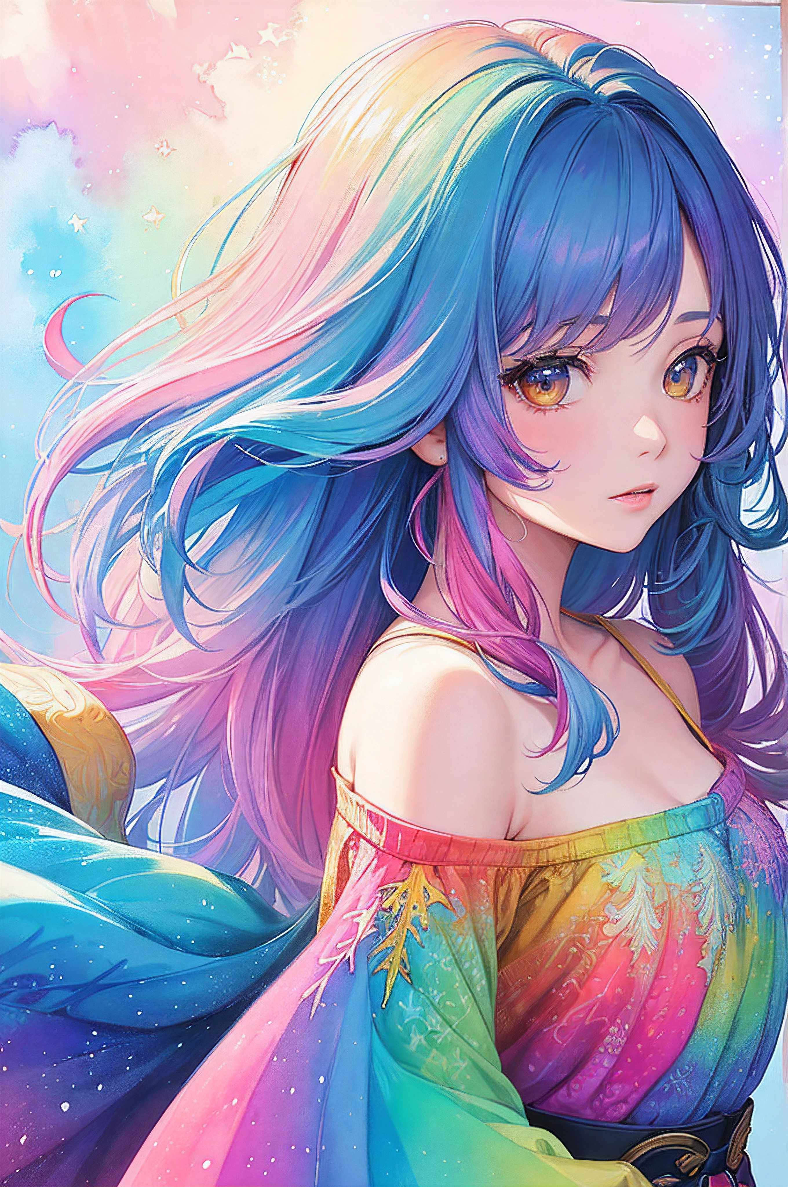 (masterpiece, top quality, best quality,watercolor (medium),official art, beautiful and aesthetic:1.2),(1girl:1.3), (fractal art:1.3),upper body, from side, looking at viewer,patterns,(rainbow color Hair,colorful hair,half blue and half pink hair:1.2),water,liquid, cloud,colorful, starry,stars,