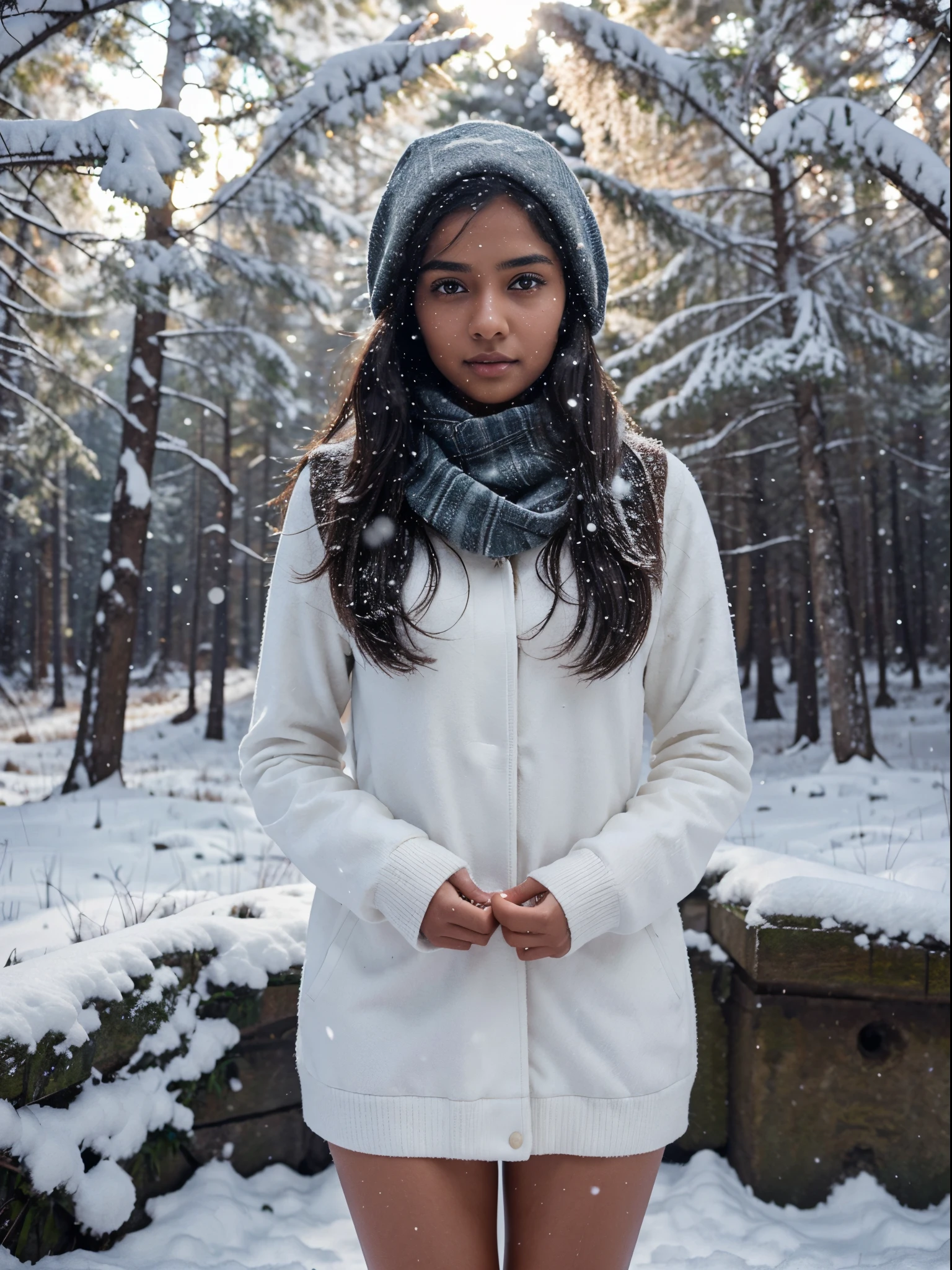 Very beautiful girl about 20 years old, slim with good figure, dark skin, North Indian type, standing against the backdrop of a snowy forest in a light, but winter clothes, catch falling snowflakes with your hands, Sunny weather, snowing, cinematography, topquality, higly detailed