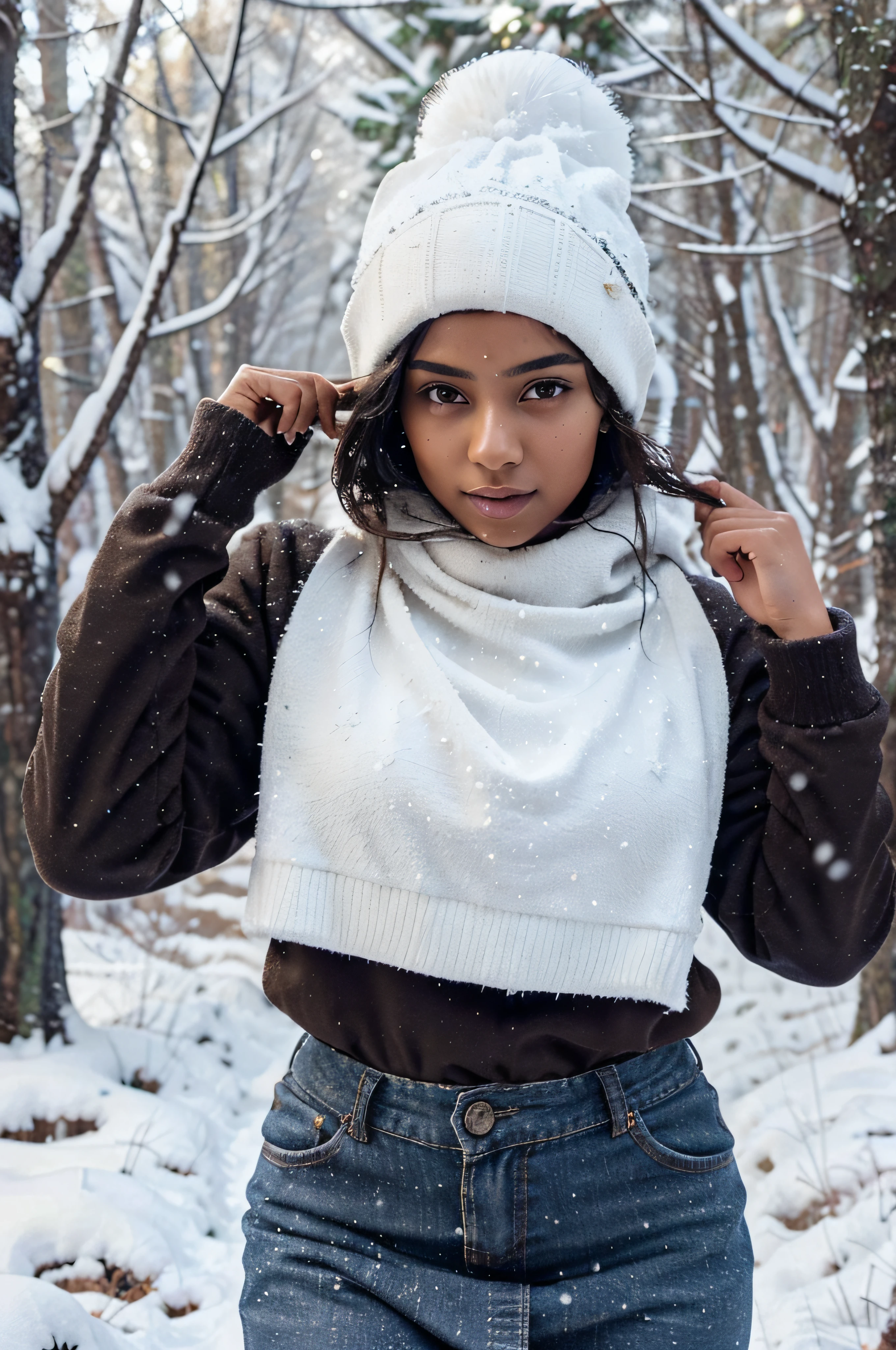 Very beautiful girl about 20 years old., well-proportioned, with a good figure, dark skin, North Indian type, standing against the backdrop of a snow-covered forest in the light, but winter clothes, catch falling snowflakes with your hands, Sunny weather, snowing, Cinematography, topquality, higly detailed