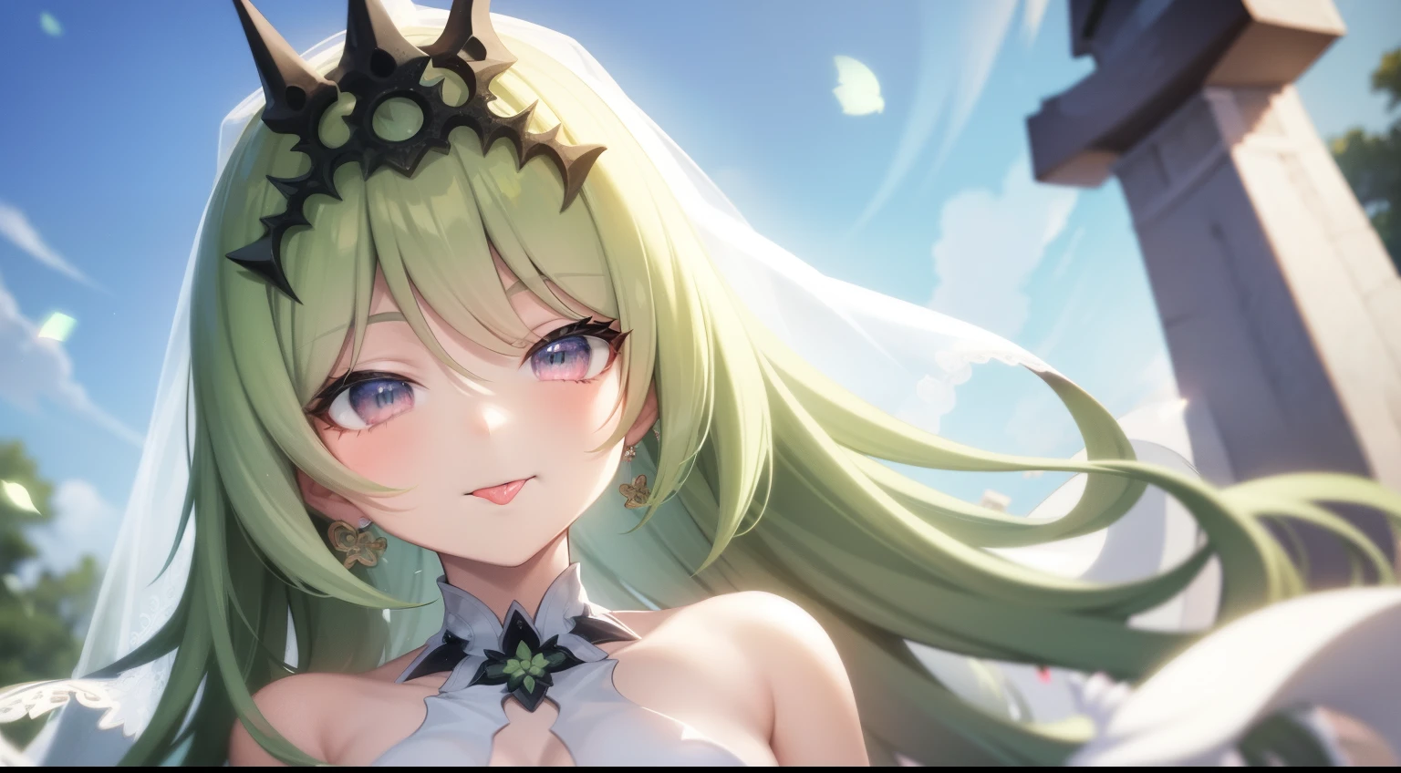 a anime girl in a white wedding dress outdoors of the church holding a bouquet, bouquet, church, extremely detailed, beautiful, symmetrical, masterpiece, best quality, HD, highres, 1girl, solo, green hair, long hair, looking at viewer, small breasts, green eye, wedding dress, outdoors, bridal veil, long dress, white dress, hoop skirt, clover, tongue, tongue out