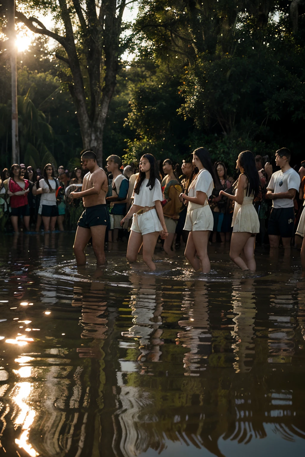 photo of a large group of young people in shorts knee deep in swampy water, procession, ceremony. Photorealistic, dawn