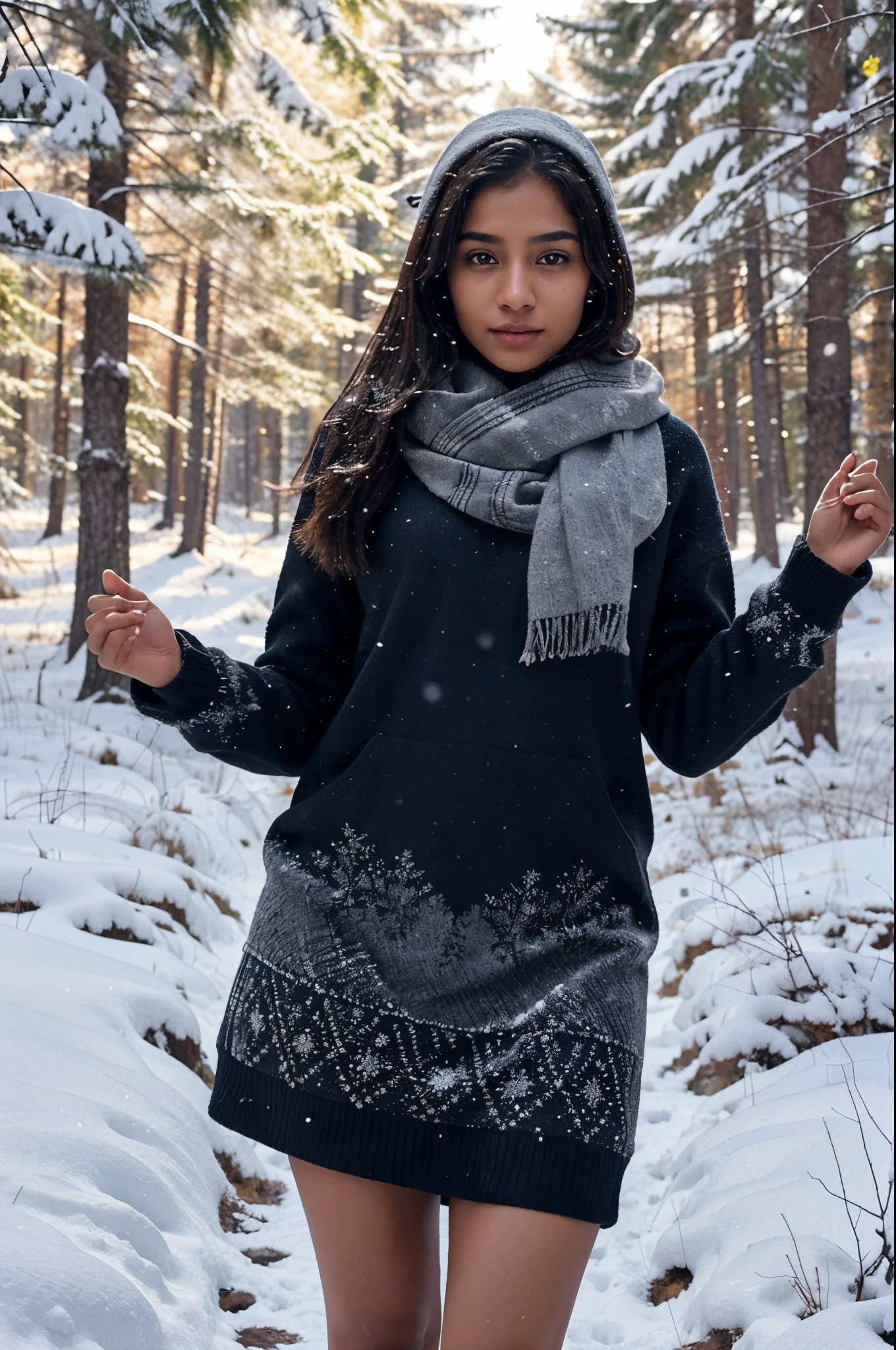 Very beautiful girl about 20 years old, slim with good figure, dark skin, North Indian type, standing against the backdrop of a snowy forest in a light, but winter clothes, catch falling snowflakes with your hands, Sunny weather, snowing, cinematography, topquality, higly detailed