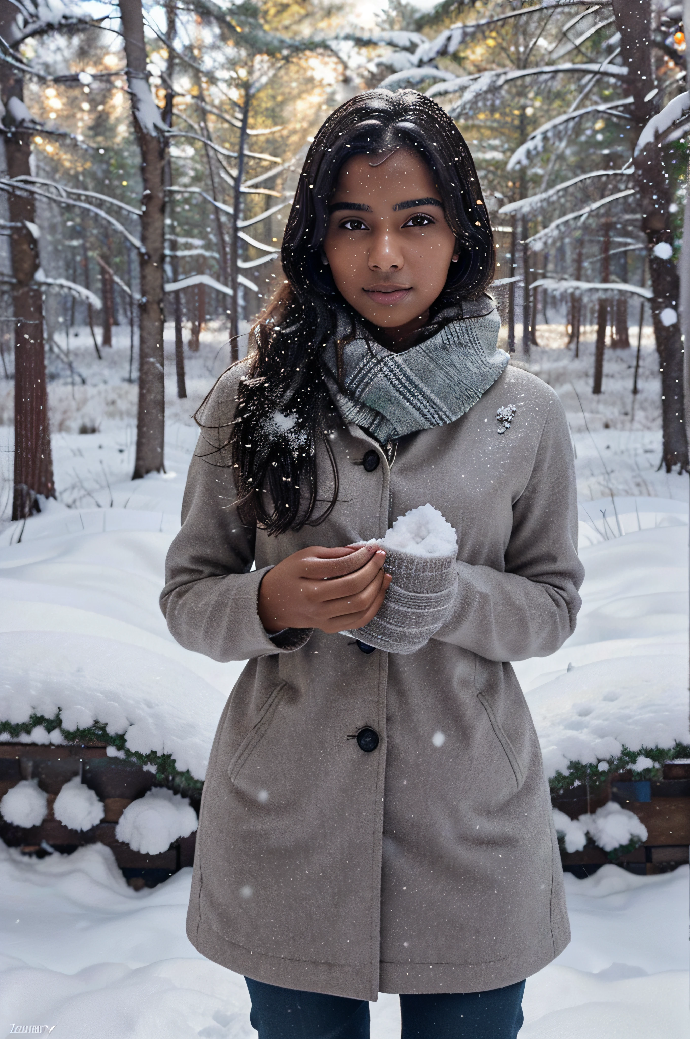 Very beautiful girl about 20 years old., well-proportioned, with a good figure, dark skin, North Indian type, standing against the backdrop of a snow-covered forest in the light, but winter clothes, catch falling snowflakes with your hands, Sunny weather, snowing, Cinematography, topquality, higly detailed