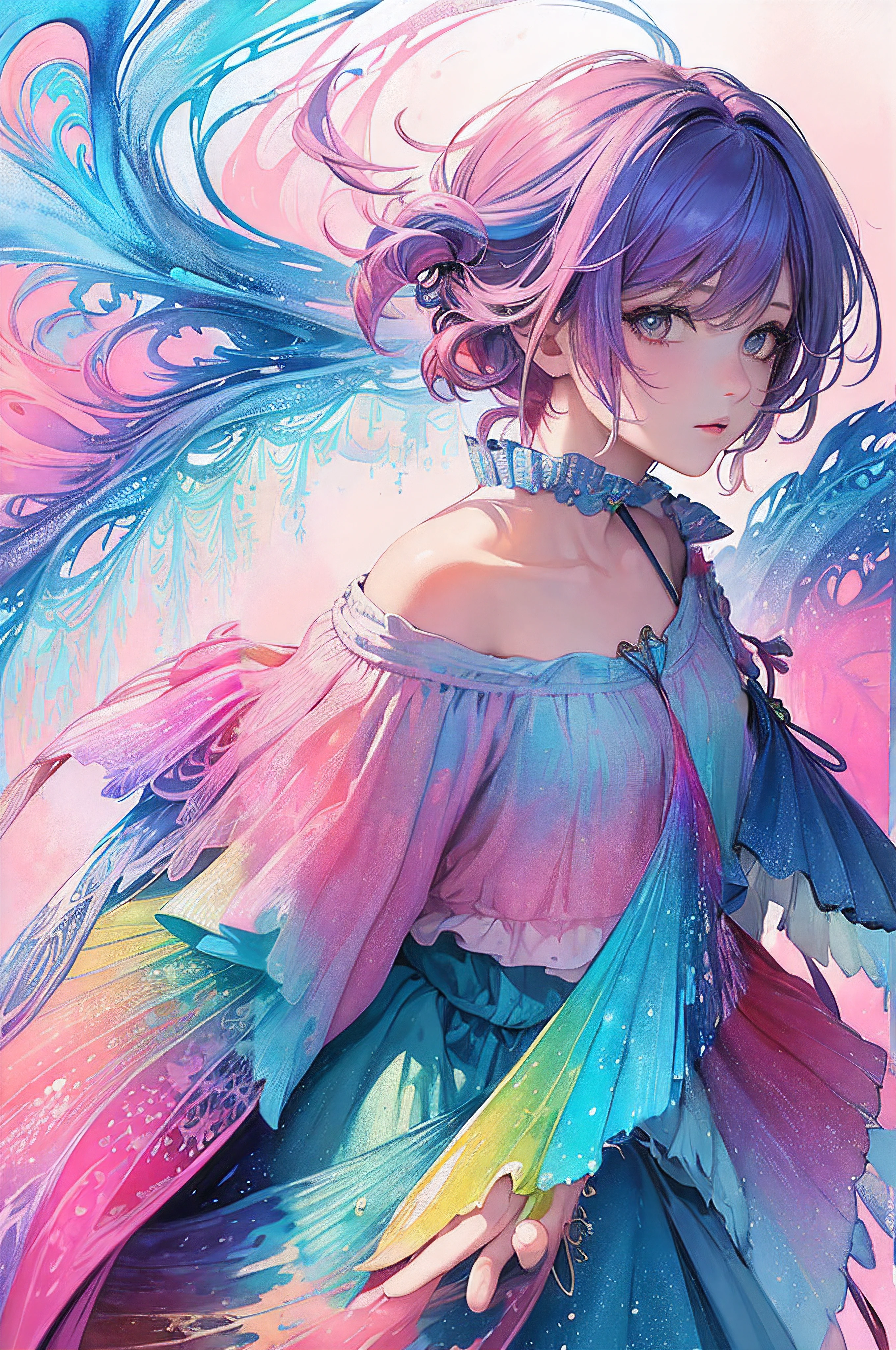 (masterpiece, top quality, best quality,watercolor (medium),official art, beautiful and aesthetic:1.2),(1girl:1.3), (fractal art:1.3),upper body, from side, looking at viewer,patterns,(rainbow color Hair,colorful hair,half blue and half pink hair:1.2),water,liquid, cloud,colorful, starry,stars,