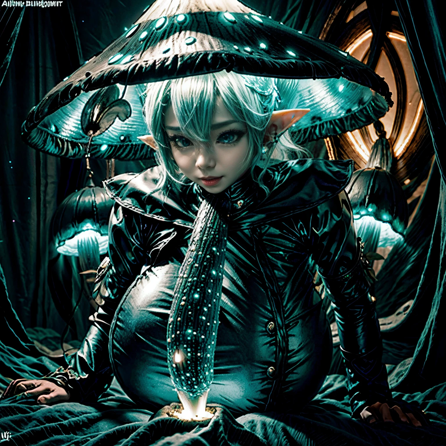 Bioluminescent Mushroom with giga_busty elf  --ar 2:3