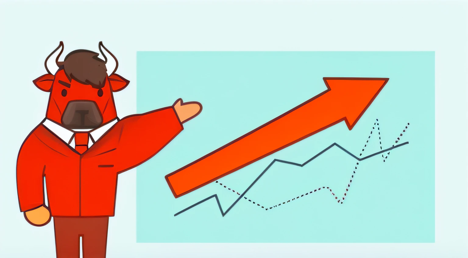 Cartoon of bull pointing at chart of man in suit, Simple illustration, Upp, figurative, good graphics, Cartoon minimalism, Highly accurate, Ingrida Kadaka, illustration, extremely graphical, the source of future growth, Graphical, upward shooting, Very energetic, clarify, looking partly to the left, trending photo