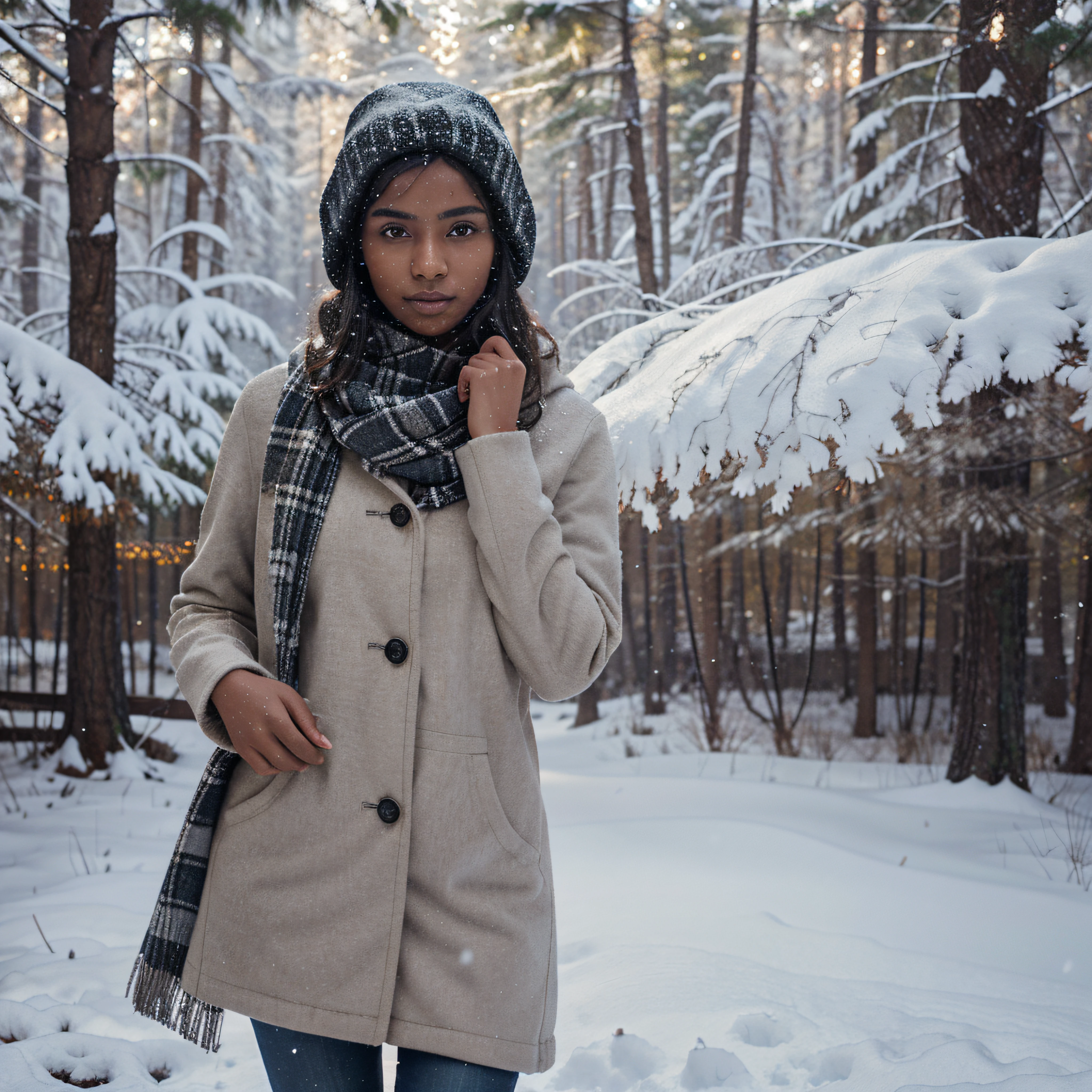 Very beautiful girl about 20 years old., slim with good figure, dark skin, North Indian type, standing against the backdrop of a snow-covered forest in a light, but winter clothes, catching falling snowflakes with your hands, Sunny weather, snowing, Cinematography, Highest Quality, high detail