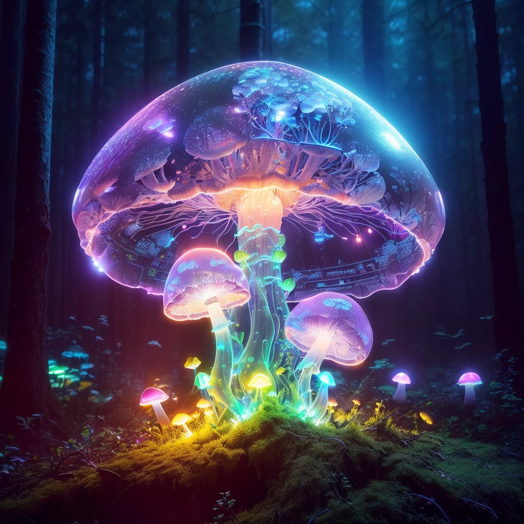 1 transparent glowing mushroom, Colorful transparent luminous plastic,cyber punk perssonage,industrial design,cleanness,luminous neon lights,forest backgrou,ultra-realistic realism,hyper HD,high detal,best qualtiy,8k