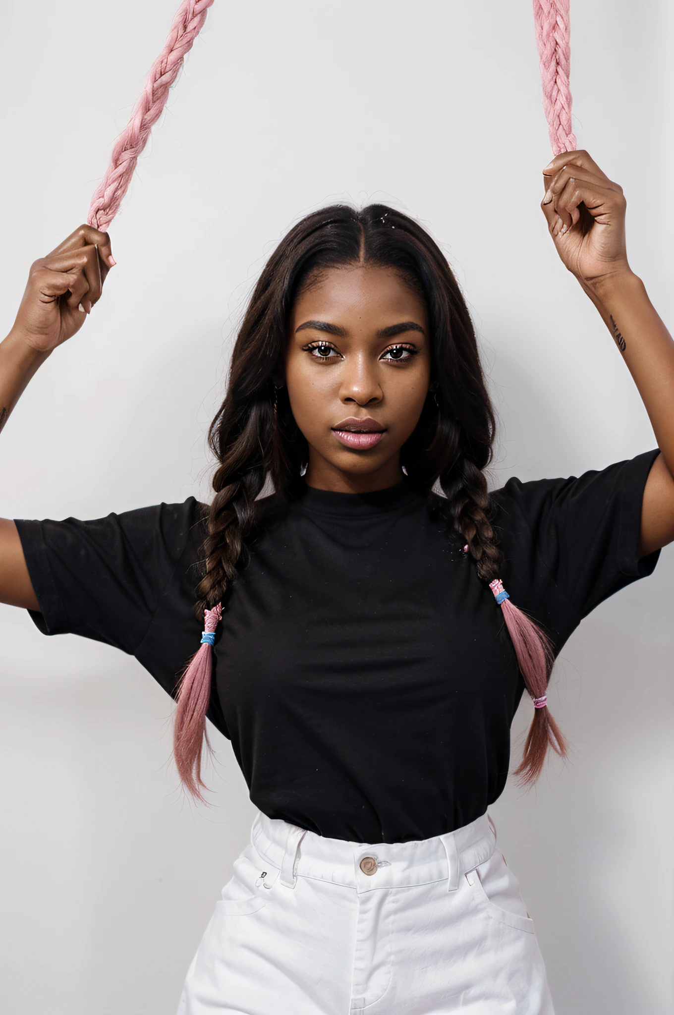 (masterpiece, best quality), ebony girl, beautiful face, freely hanging braids, pink glitter lip gloss on her lips, wearing a black shirt, standing Infront of an all white background