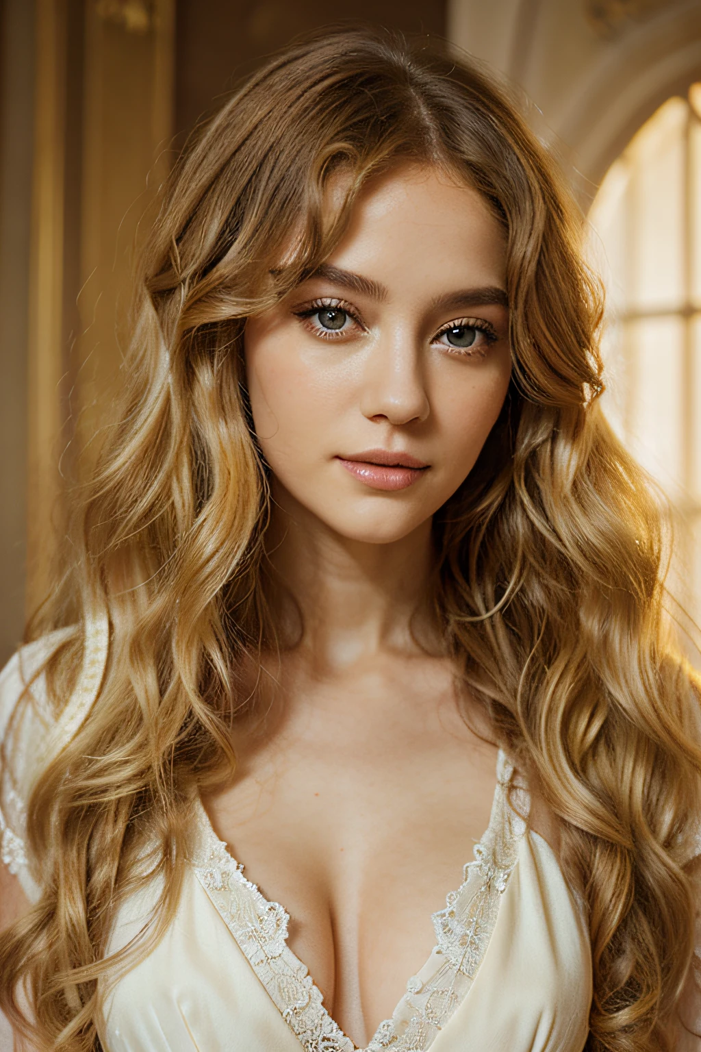 Woman with curly hair,tmasterpiece, Elegant, Best quality, Diffuse wide light,Eyes are delicate and charming,yellow long hair