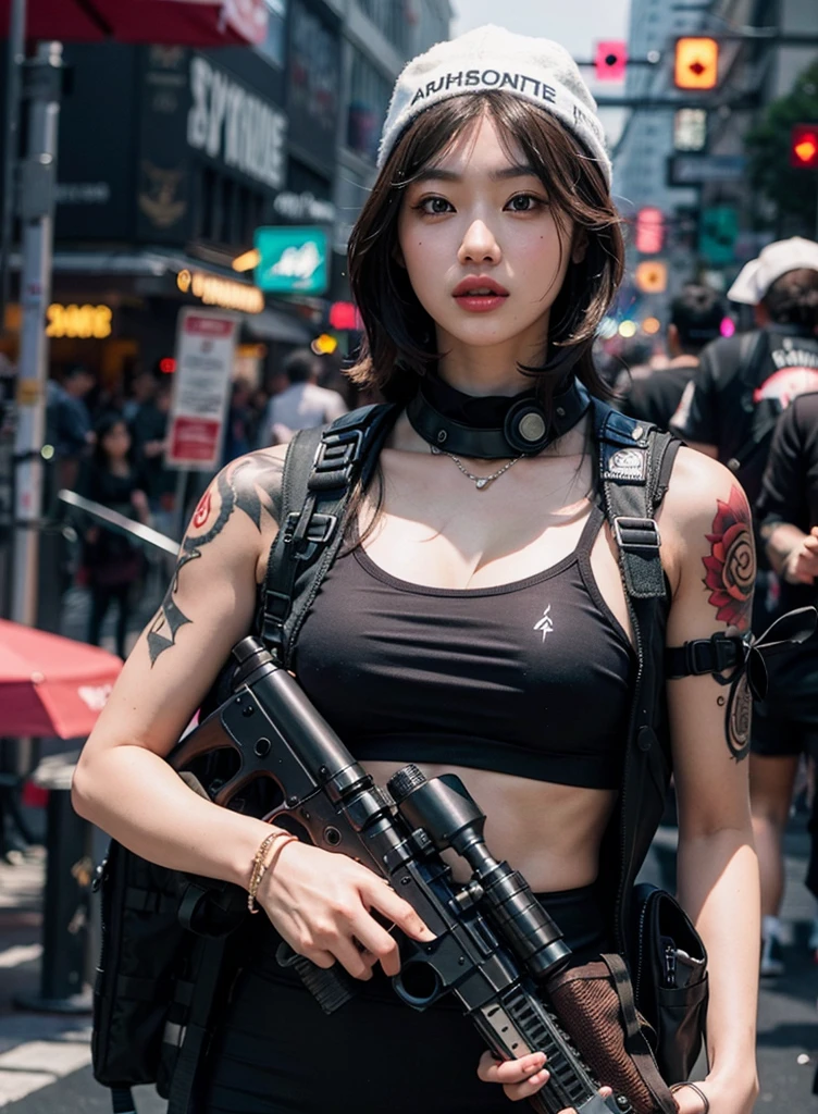 hyper-realistic texture、automatic rifle、tattoo