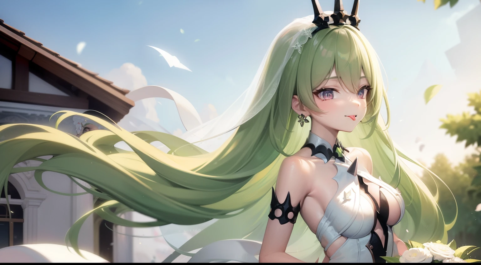 extremely detailed, beautiful, symmetrical, masterpiece, best quality, HD, highres, 1girl, solo, green hair, long hair, looking at viewer, small breasts, green eye, wedding dress, outdoors, bridal veil, long dress, white dress, hoop skirt, clover, tongue, tongue out