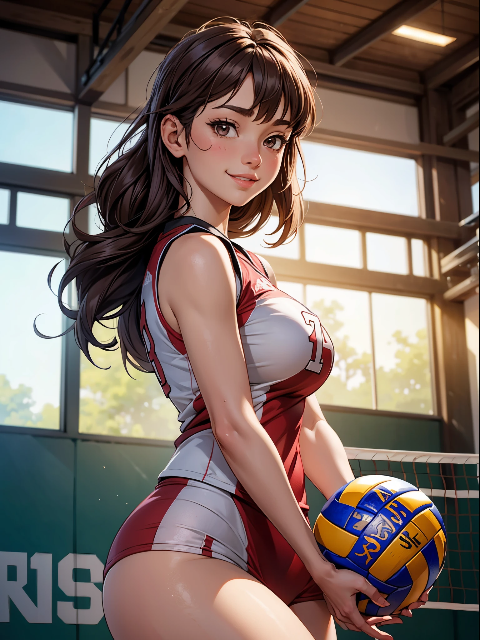 1lady solo, /(volleyball uniform/), /(dark brown hair/) bangs, blush light smile, (masterpiece best quality:1.2) delicate illustration ultra-detailed, large breasts BREAK /(volleyball court indoors/)