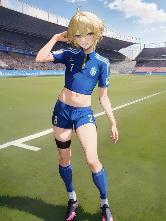 Solo, 12 years old, A young ace striker male idol with a cute face, twinks、Cool boyfriend, Standing, Cool handsome face with smile, blue soccer cleats, Long legs, thighs thighs thighs thighs, Foots, Bulge, (blonde hair、)、 Short, Straight, spiky, Shiny hair, beautiful boy eyes, (blue soccer tight thin uniform), (blue tight soccer bikini pants), (white thin soccer socks), skyporn, tussock, Cool pose, small height、Looking at the camera、