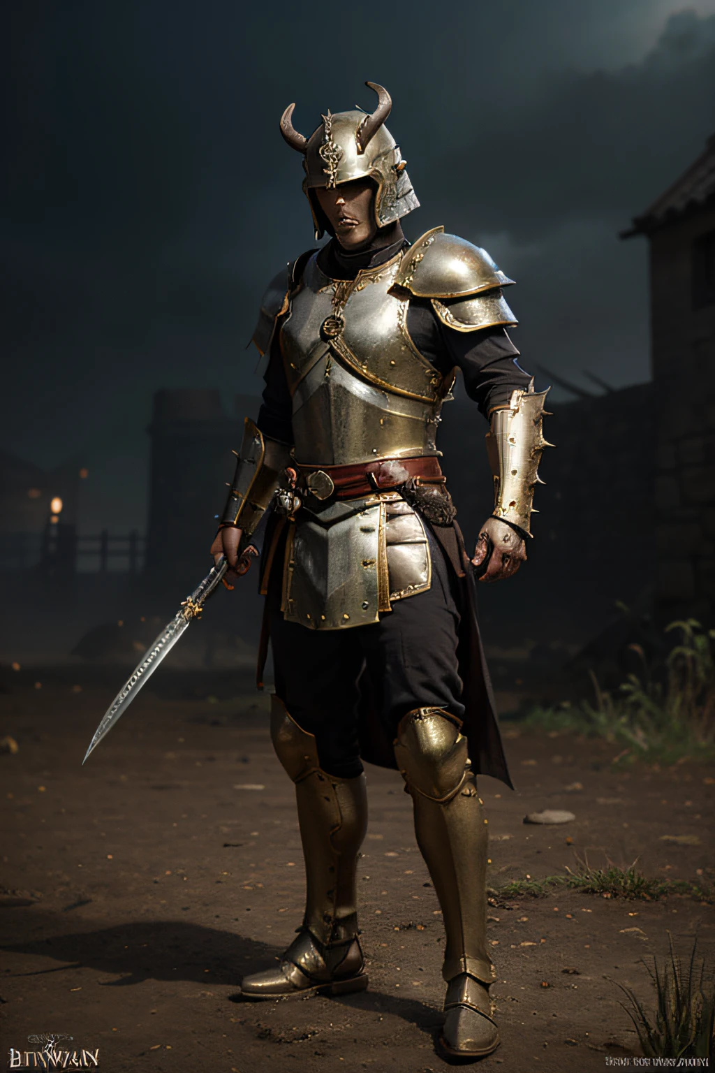 Roman legionary warrior, concept-art, Fantasy art, battleground background, clean render, a horned, Wear a suit of armor, Detailed bushido form smoke, helmet of a forgotten deity, character is standing, 8k Realistic, in game render, detailed face background detail, Art station front page, taur, Pseudo-medieval fantasy, A deity wearing koi armor, detailed bronze armor, Bronze armor, golden etched armor, gold obsidian armor, Light gold armor, Gorgeous filigree armor, A demonic warrior, Gorgeous armor full of thorns, Intricate assasin armor, Intricate metal armor, powerful warrior, Dressed in gorgeous gold armor,Decorated with intricate patterns, The helmet has a large crown and two horns,Glowing red eyes, Everything is in the dark, The smoky background alludes to battle scenes, Add an ominous aura to his character,submission, Full body shot.