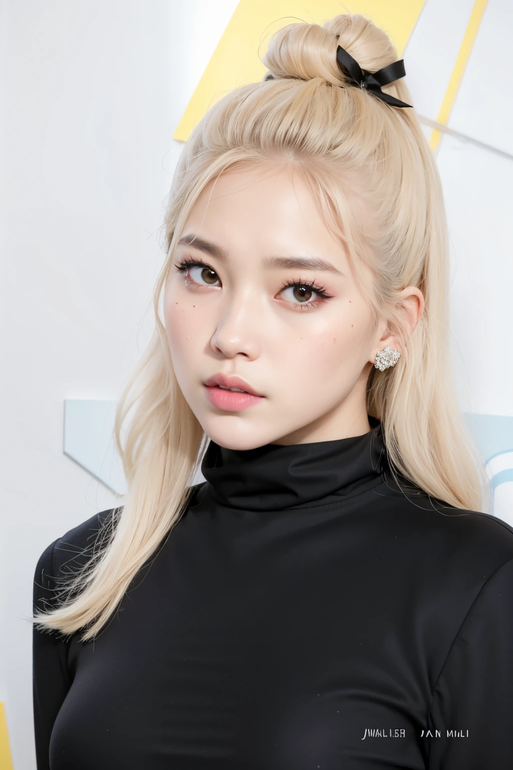 a closeup of a person wearing a black top and a hair bow, Retrato de Jossi de Blackpink, Parque Roseanne de Blackpink, Jossi de Blackpink, Lalisa Manobal, JIA, taken in the early 2020s, Lalisa Manoban de Blackpink, Sha Xi, pale round face, Jaeyeon Nam, portrait of female Korean idol