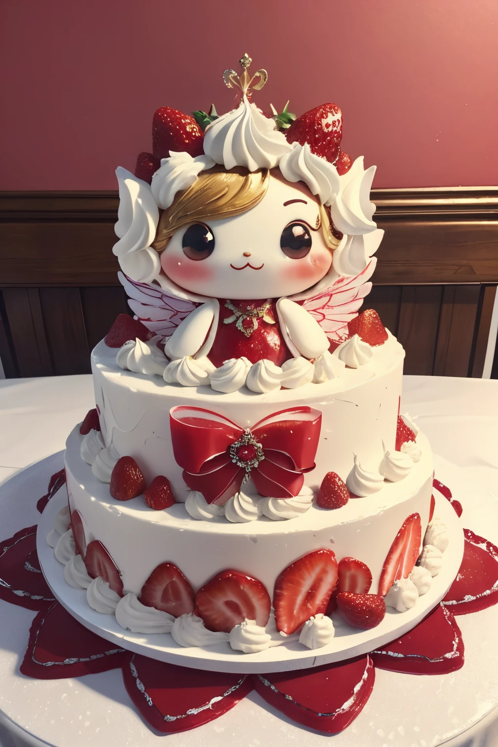 (best quality,ultra-detailed,8k,masterpiece:1.2),strawberry decoration cake with whipped cream,decorated with large ruby jelly,judging upon jelly there is a very cute angel sitting on it