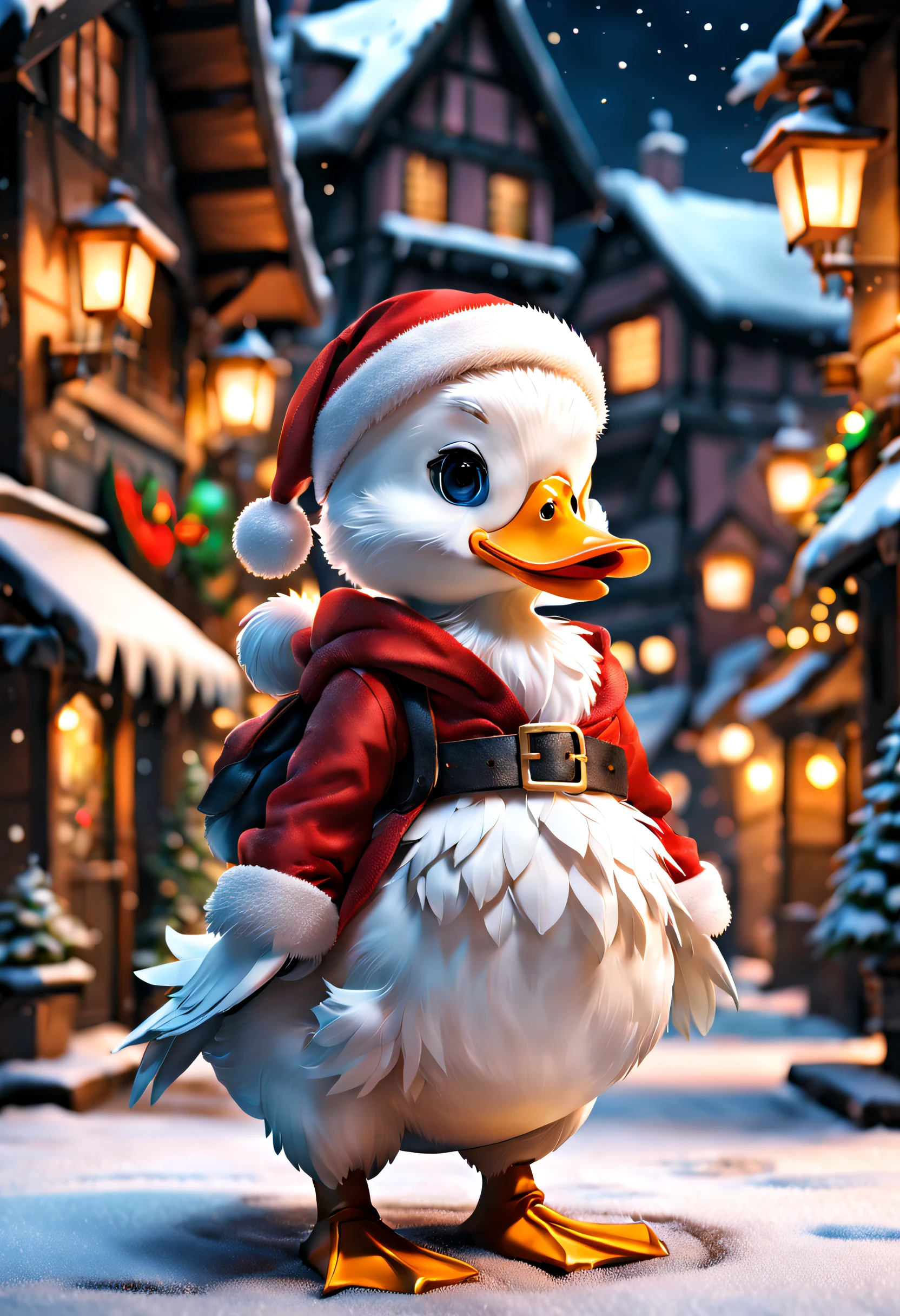 full body Esbian、cool male white duck 、pop male white duck、santa claus duck、cute little、Deformed animals、diorama、symple background、Santa Claus clothes、Christmas、Snowy city、masterpiece, Best Quality, Capture super cute moments, depth of fields, ultra-detailliert, Ultra High Resolution, Octadale, 8K, 16 K