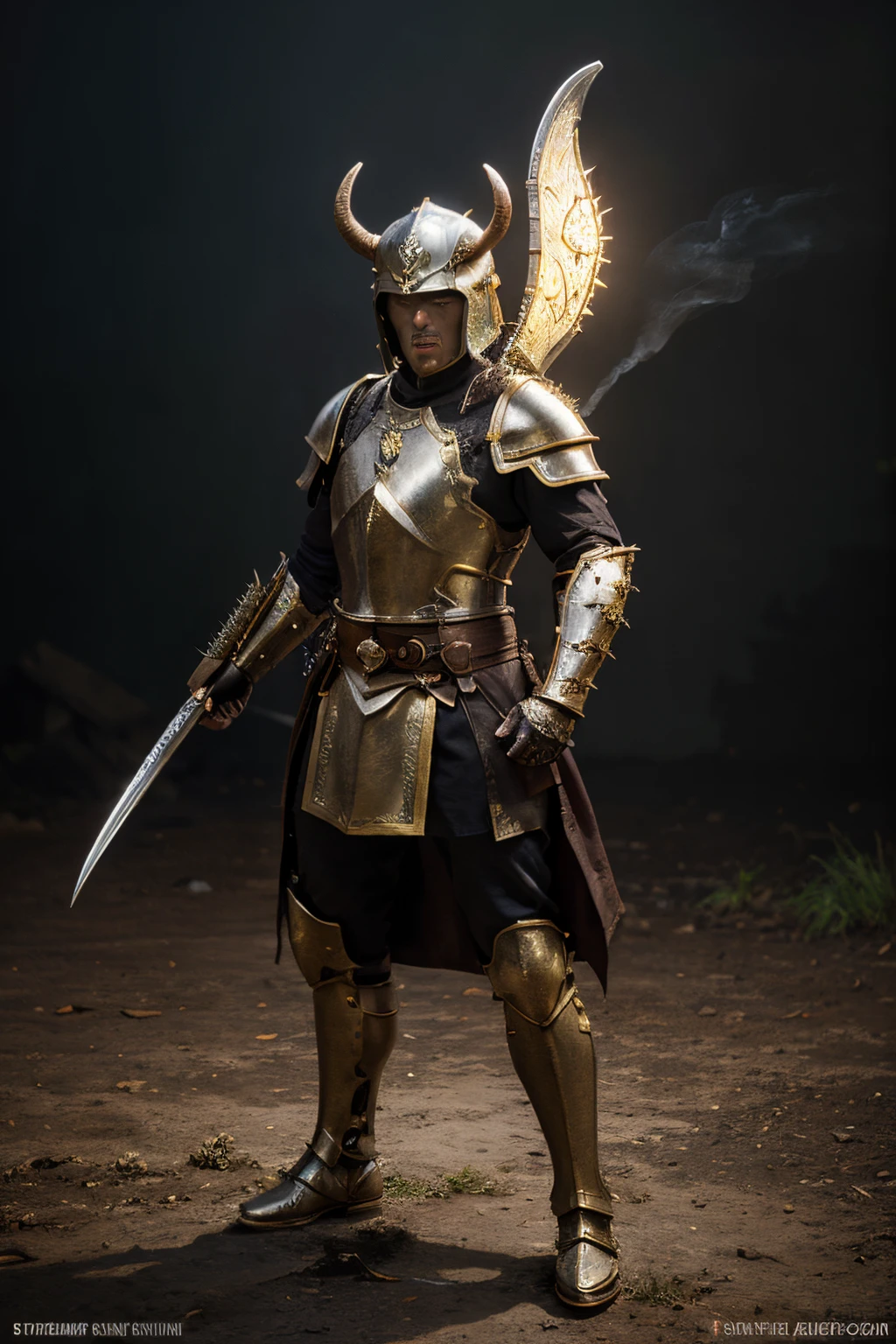 Roman legionary warrior, concept-art, Fantasy art, battleground background, clean render, a horned, Wear a suit of armor, Detailed bushido form smoke, helmet of a forgotten deity, character is standing, 8k Realistic, in game render, detailed face background detail, Art station front page, taur, Pseudo-medieval fantasy, A deity wearing koi armor, detailed bronze armor, Bronze armor, golden etched armor, gold obsidian armor, Light gold armor, Gorgeous filigree armor, A demonic warrior, Gorgeous armor full of thorns, Intricate assasin armor, Intricate metal armor, powerful warrior, Dressed in gorgeous gold armor,Decorated with intricate patterns, The helmet has a large crown and two horns,Glowing red eyes, Everything is in the dark, The smoky background alludes to battle scenes, Add an ominous aura to his character,submission, Full body shot.