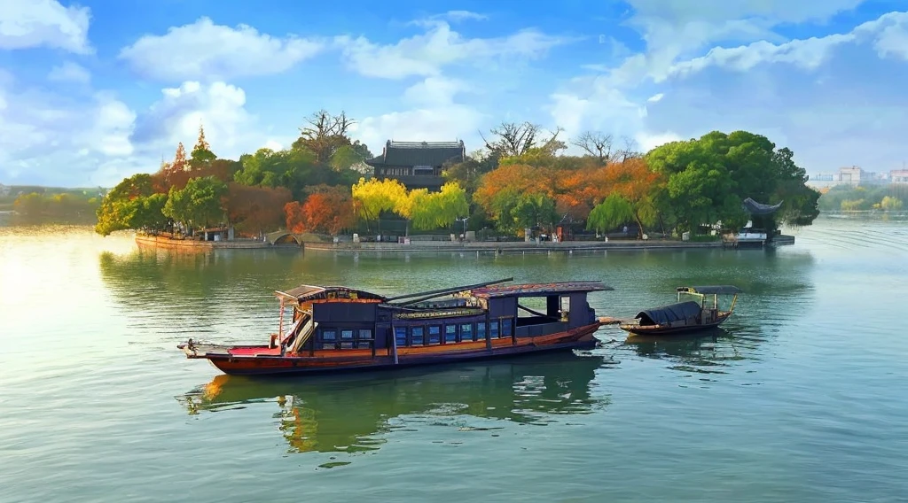 There are two boats floating in the water, Hangzhou, Beautiful rendering of the Tang Dynasty, zhouzhuang ancient town, ship on lake, 3 boats in the river, by Ni Yuanlu, author：Shen Zhezi, author：Li Di, Tang Dynasty Palace, Wooden boats, Chinese Ancient Architecture, Chinese landscape, author：Hero, surname