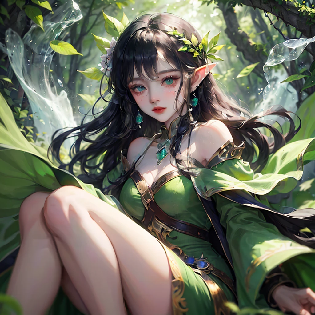 (Masterpiece, Top Quality, Best, Official Art, Beautiful and Aesthetic, Long Exposure: 1.2), Smooth Movement, Charming Patterns, 1 Girl, (Long Dress with Sleeves: 1.3), (((Green Clothes) )), bare shoulders, Chinese girl, blush, black lob hair, portrait, solo, looking at the observer, detailed background, detailed face, (crystallineAI, crystalline theme:1.1), elemental wood elf, rotation foliage, control foliage, emerald clothing, dynamic pose, floating particles, ethereal dynamics, foliage, vapor, forest in the background, green tint, forest, ethereal atmosphere