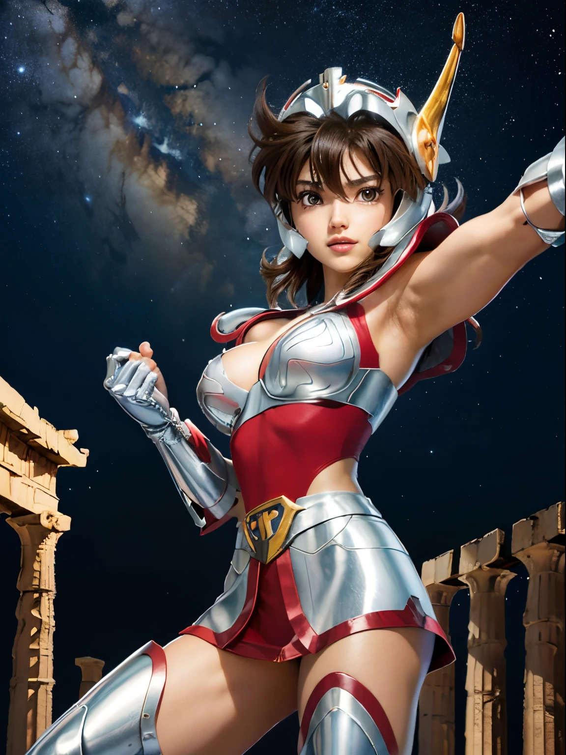 masterpiece, best quality, ultra high res, realistic skin texture,silver armor, armature, (photorealistic:1.4), high resolution, raw photo, 1 girl, shiny skin, (detail skin:1.2), realistic skin texture, best lighting, wearing red panty, (perfect breast:1.3), sparkle, mecha armor, (short hair:1.2), (Pegasus Seiya:1.2), wearing a winged helmet, dramatic lighting, dynamic pose, (greek temple background:1.3), night sky, cosmos, milky way,