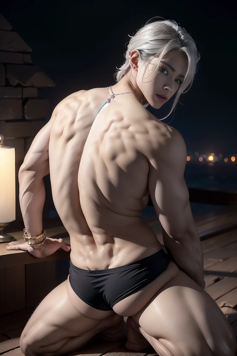 torches, natta、Candlelight、glimmering light、Fantastical、Mystical、A desert、great plains, Great Pyramids of Egypt、The Three Great Pyramids of Egypt、in 8K, Highest Quality, Ultra Details, Breathtaking sunset.realisticlying, hight resolution, strong naked man、No chest hair、Two men and women、Korean Male、Korean female、Man and woman staring at each other,Man and woman facing each other、Silver hair, e Blue Eyes, black lace up panties,Bondage Fashion, The tattoo, piercings, a necklace、A bracelet、Bloods, Sweaty skin、dripping white liquid, Large amount of liquid , Gel that adheres to the skin, Beads of sweat dripped down my buttocks、Large chest,Wide buttock,Angle from behind, Angle from the front、Women's buttocks,kneel down on the ground,sideways person、person looking at camera,ssmile,wide wide shot,Cinema Lens,Skin glow,