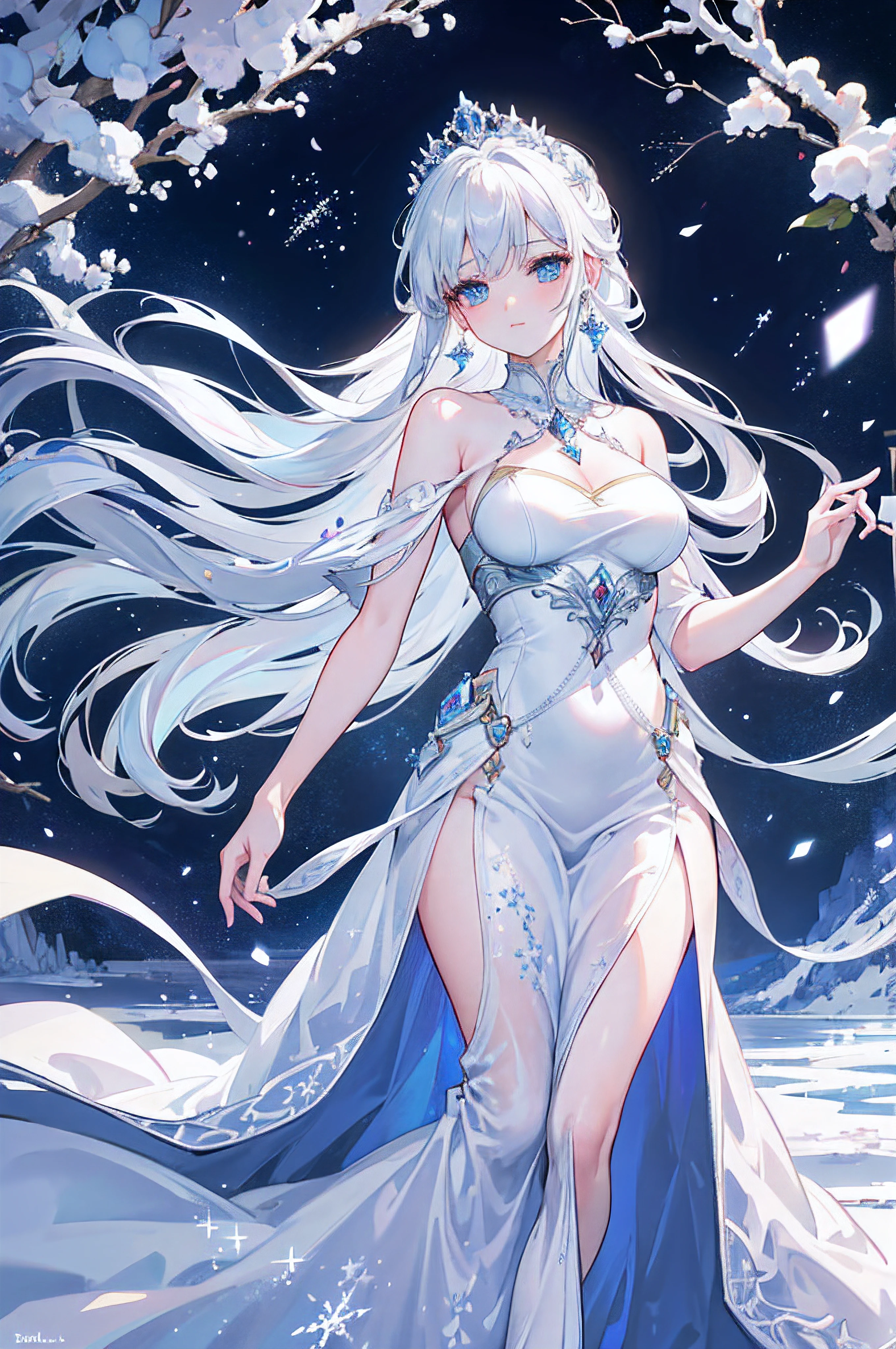(Best quality at best,4K,8K,A high resolution,tmasterpiece:1.2),ultra - detailed,(actual,realisticlying,Photorealistic:1.37),long flowing white hair,Snow Queen,Play the piano gracefully,A princess,evening formal robes,Icy blue eyes,Delicate snowflake earrings,Icy breath,The crystal snowflakes fall silently,Sparkling frost landscape,The frozen palace in the distance,Subtle Northern Lights dance across the sky,Crystal clear piano keys reflect light,Gentle music echoed in the grand banquet hall,Snowflakes swirl in the air,Quiet elegance and serenity,Beautiful posture creates charming melody,There is a trace of loneliness hidden in the eyes,Show your kingly style,A silver tiara adorns her head,It has intricate icy patterns on it,The soft moonlight casts a magical light on her ethereal figure,Every move she makes exudes sublime beauty,The palace guards in formal attire held their heads high,Bright colors contrast with the cold background,The perfect harmony of ice and music,capture the hearts of all who listen.